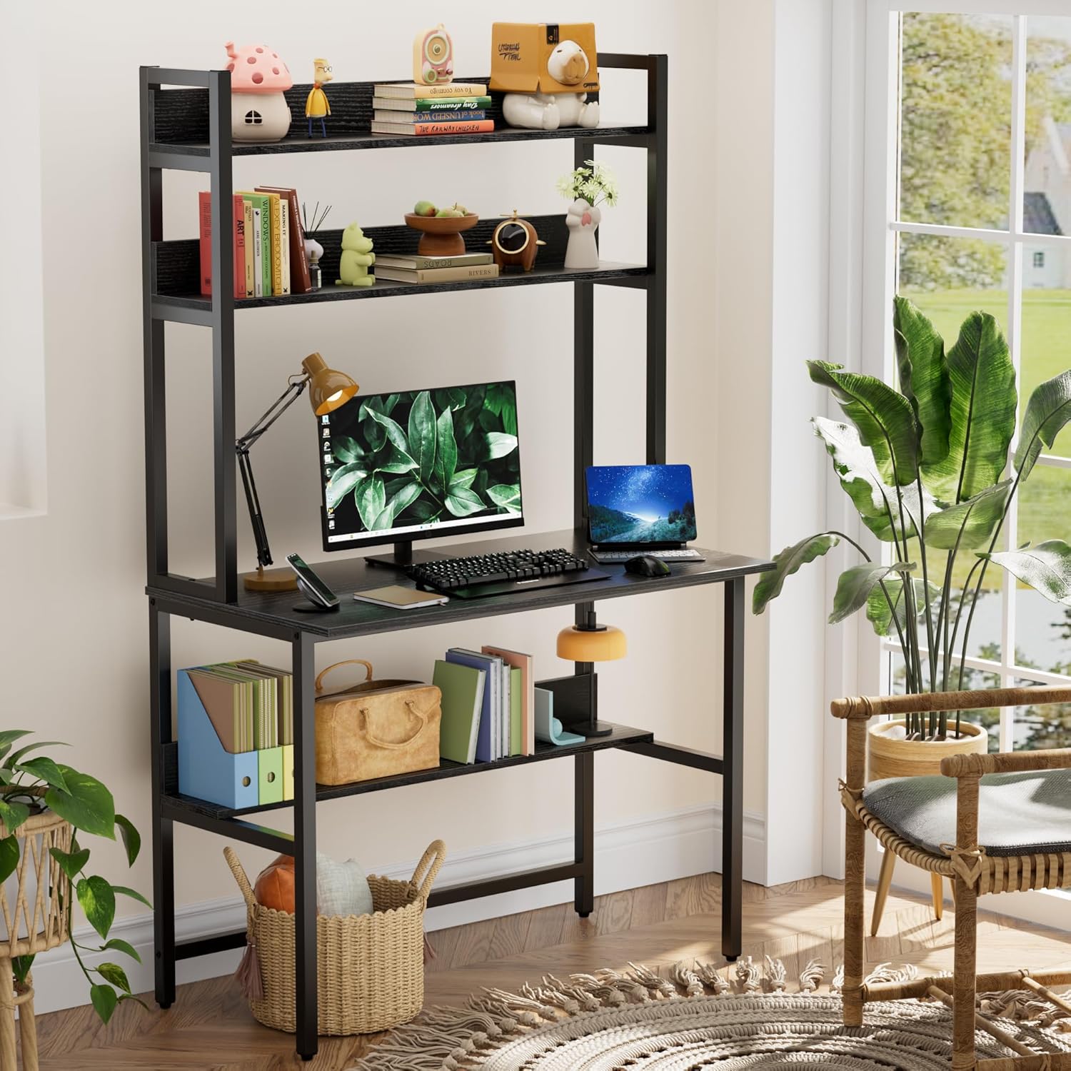 Aquzee Computer Desk with Shelves, 47" W x 23.6" D Gaming Desk with Hutch and Bookshelf