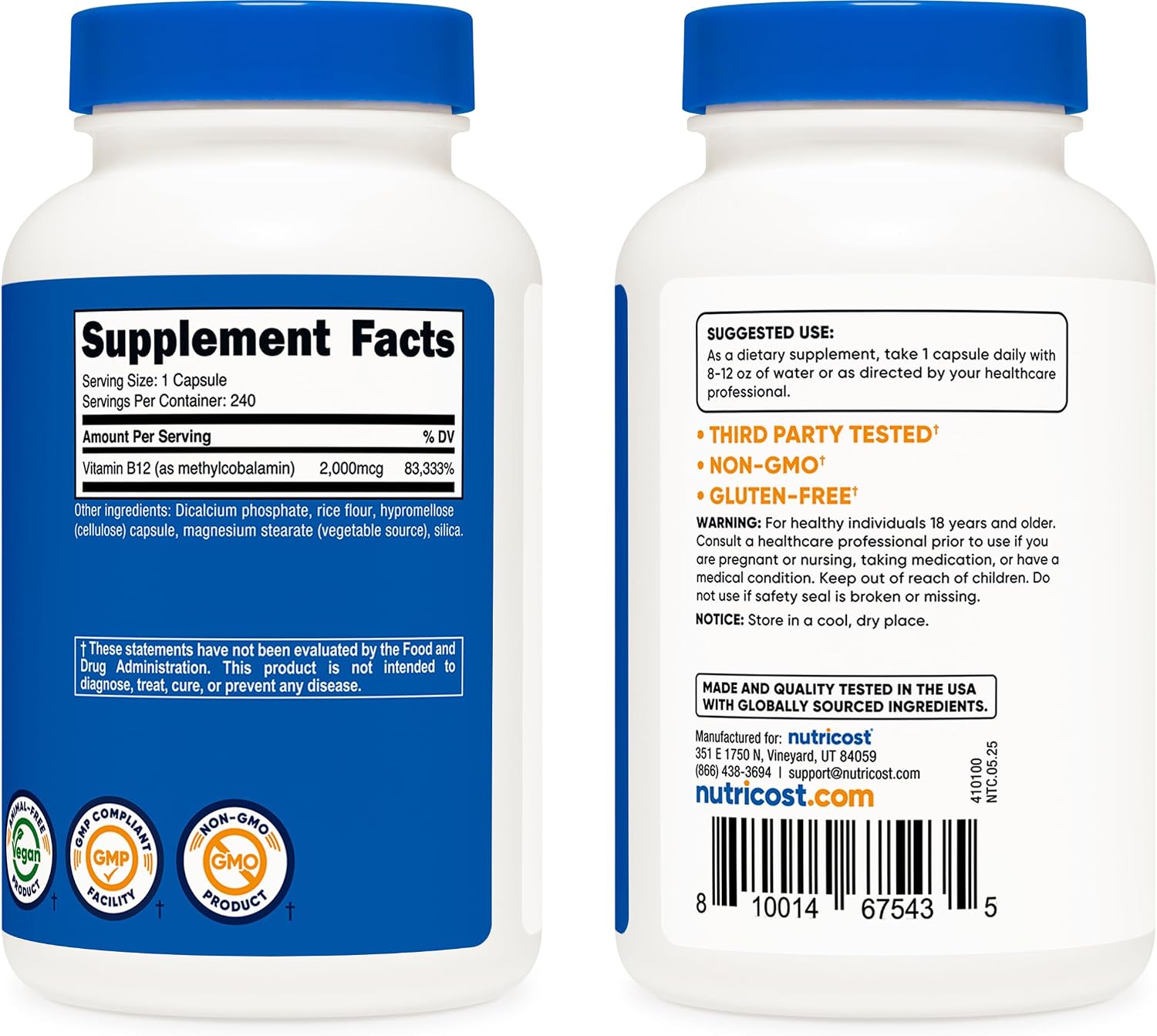 Nutricost Vitamin B12 (Methylcobalamin) 2000mcg, 240 Capsules, Gluten Free | Vegetarian Caps, GMO-Free, B12 Supplement