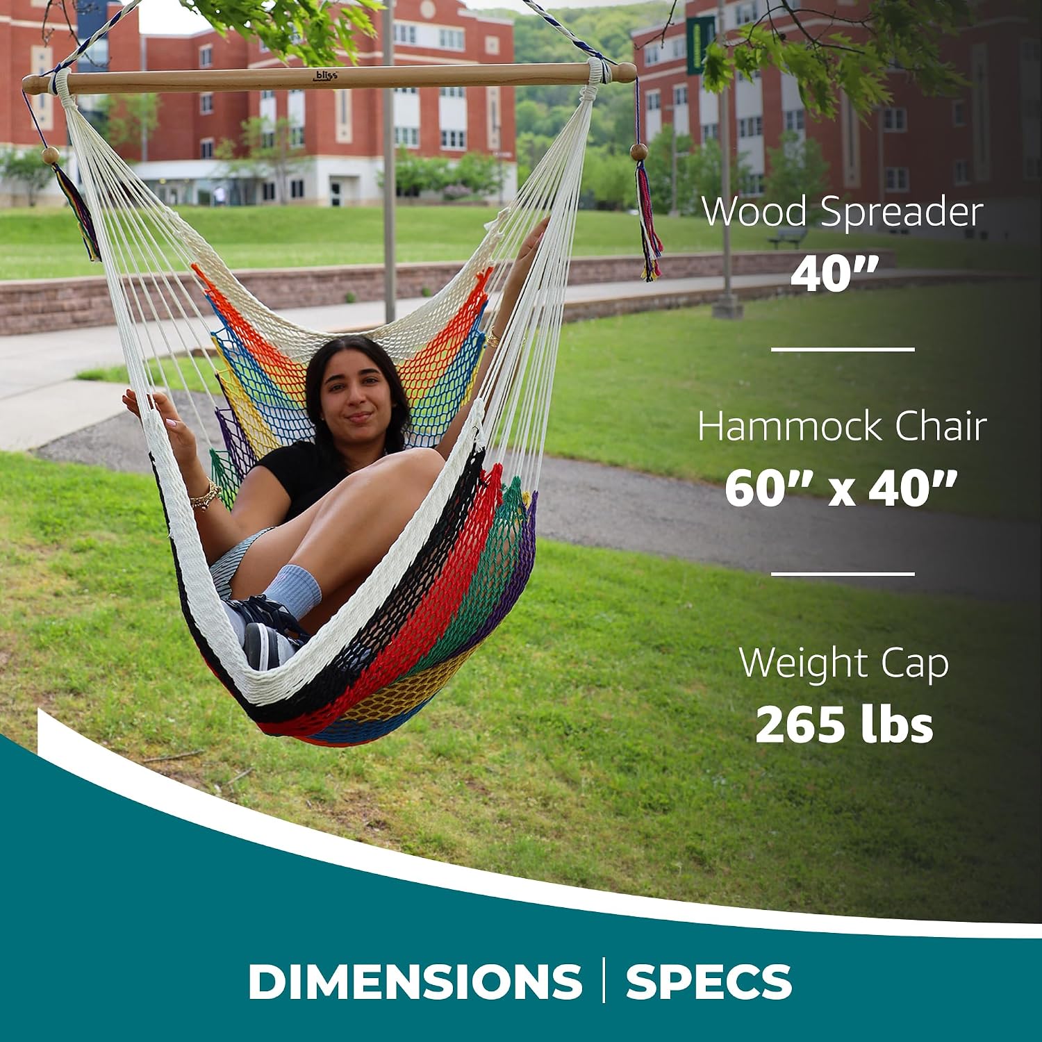 Bliss Hammocks BHC-412NT Island Rope Hammock Chair, Eco Friendly & Hand Woven, Varnish Coated 40 Inch Wood Spreader, Easy to Hang w/Included Hanging Kit, Supports up to 265 pounds, Natural Rope