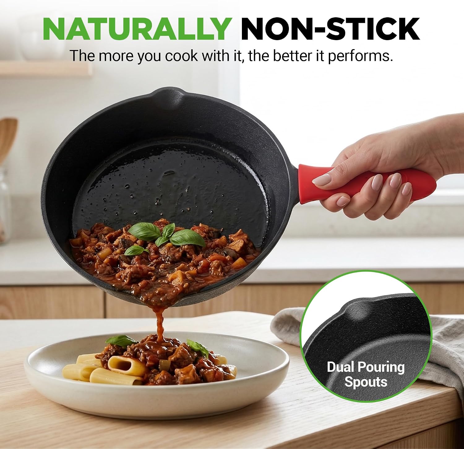 NutriChef 10 Inch Cast Iron Skillet with Lid - Pre-Seasoned Small Fry Pan with Side Drip Spout and Silicone Handle