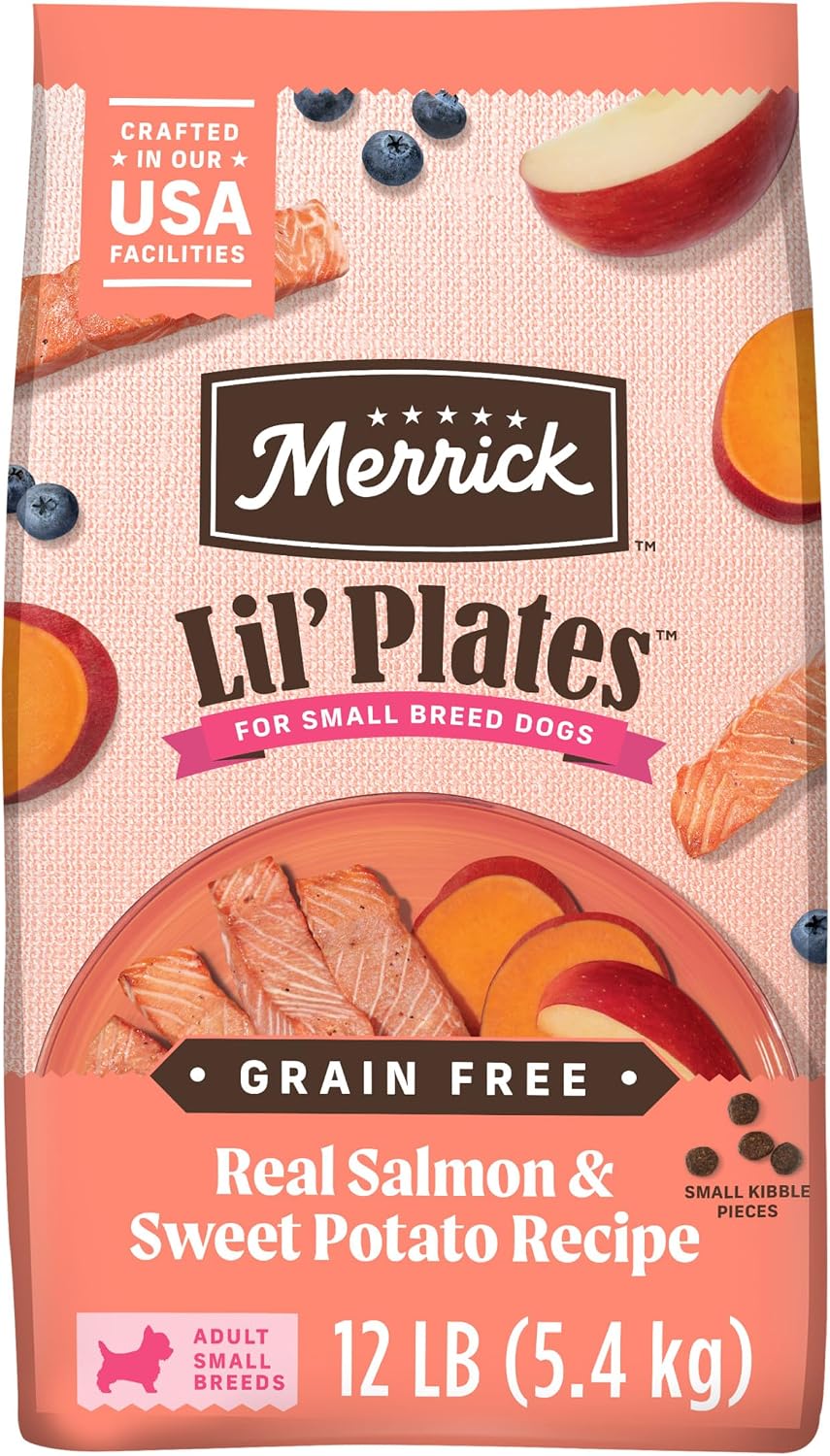 Merrick Lil' Plates Salmon Sweet Potato Dog Food 12 lb Bag | Premium, grain-free salmon and sweet potato kibble crafted with high protein and healthy fats for small breed dogs