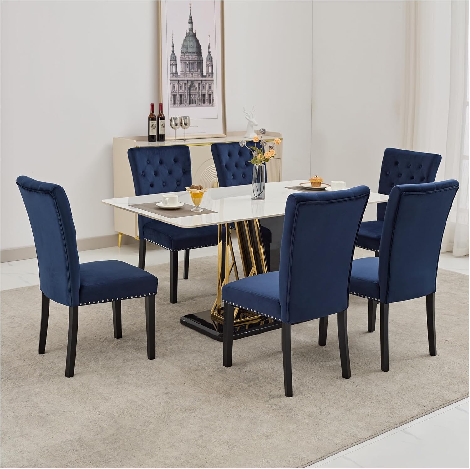 adochr Velvet Dining Chairs Set of 2, Parsons Kitchen Chair, Blue
