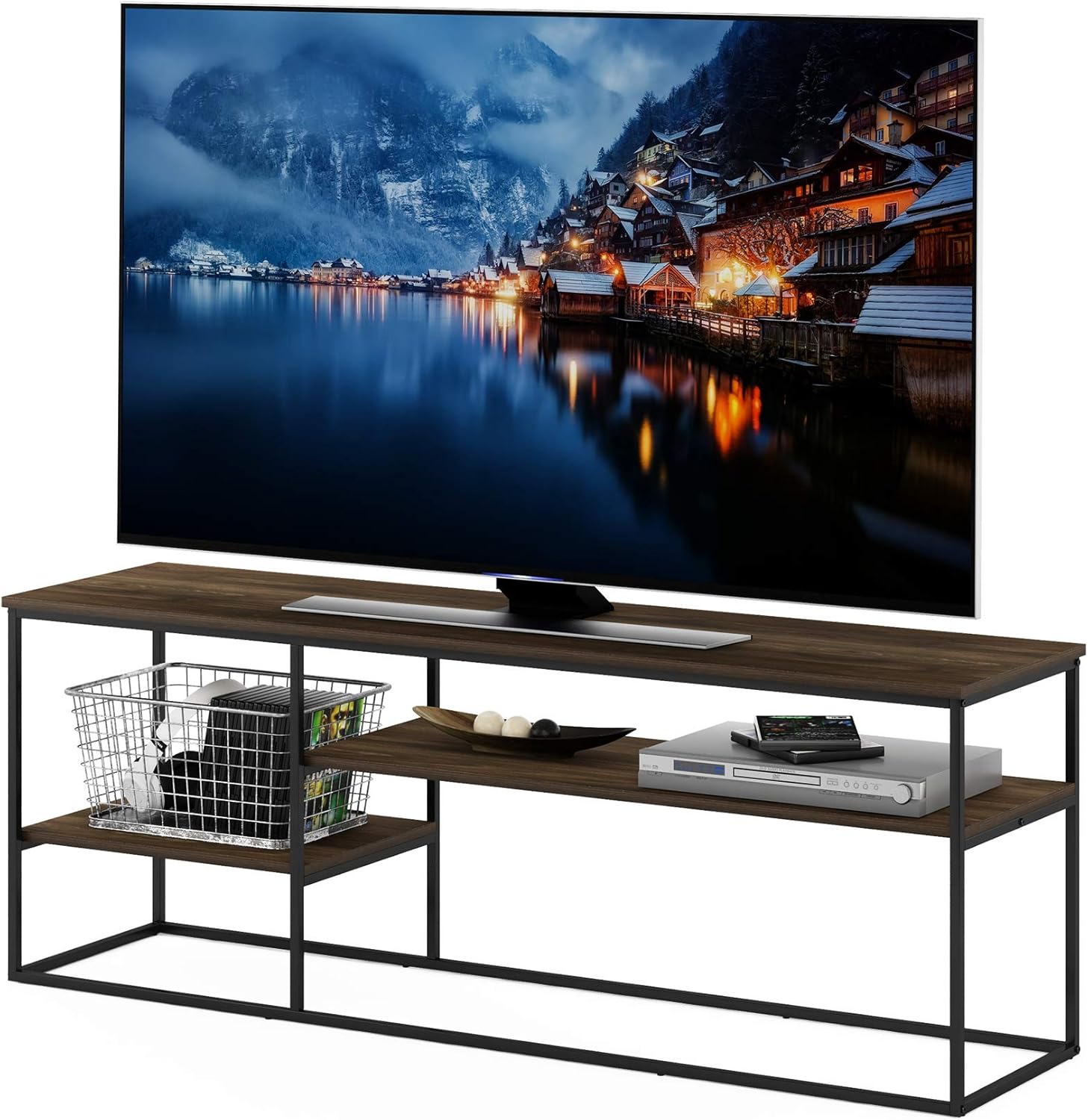 Furinno Moretti 3-Tier Metal Frame TV Stand, French Oak Grey