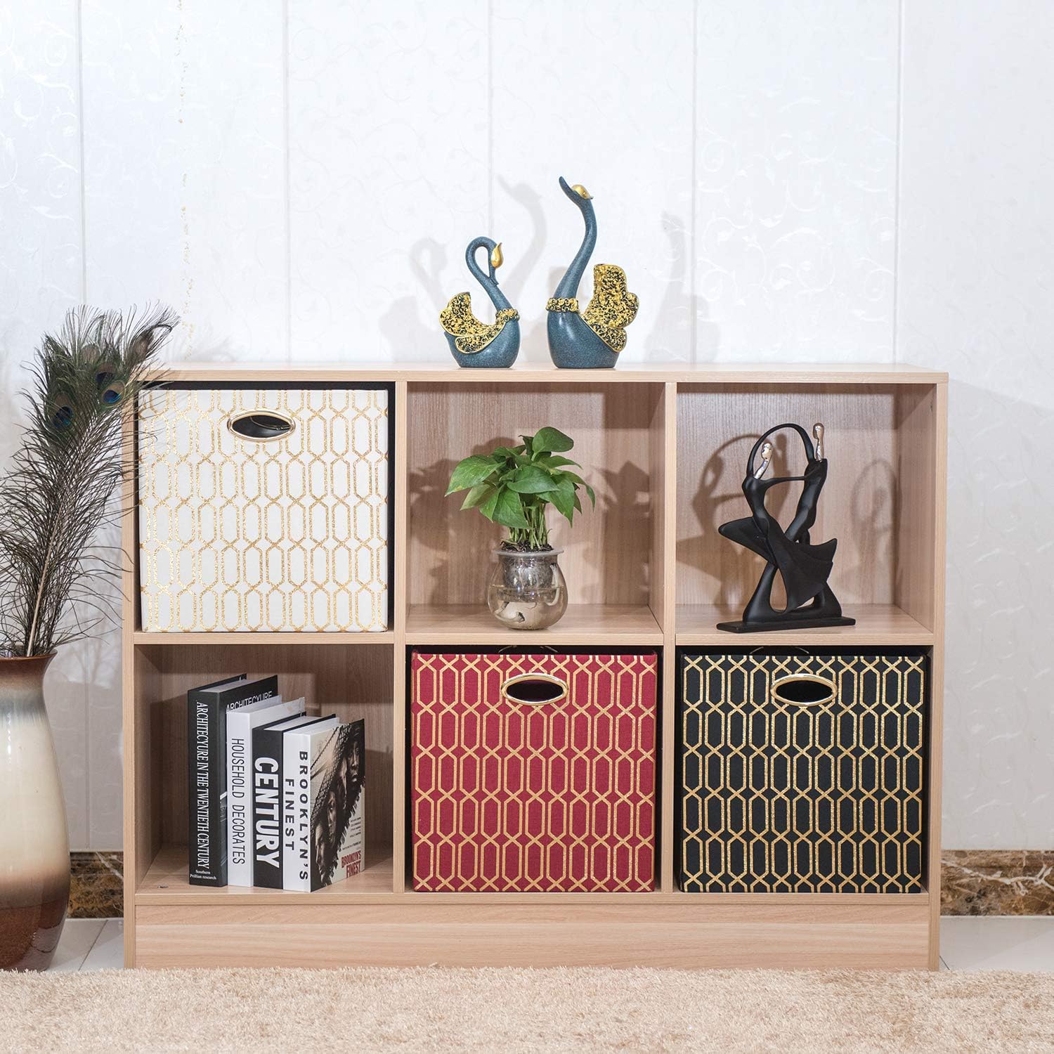 Posprica Storage Bins, Storage Cubes,13×13 Fabric Drawers Organizer Basket Boxes Containers (13×13×13/4pcs, Cream/gold geometry Pattern)
