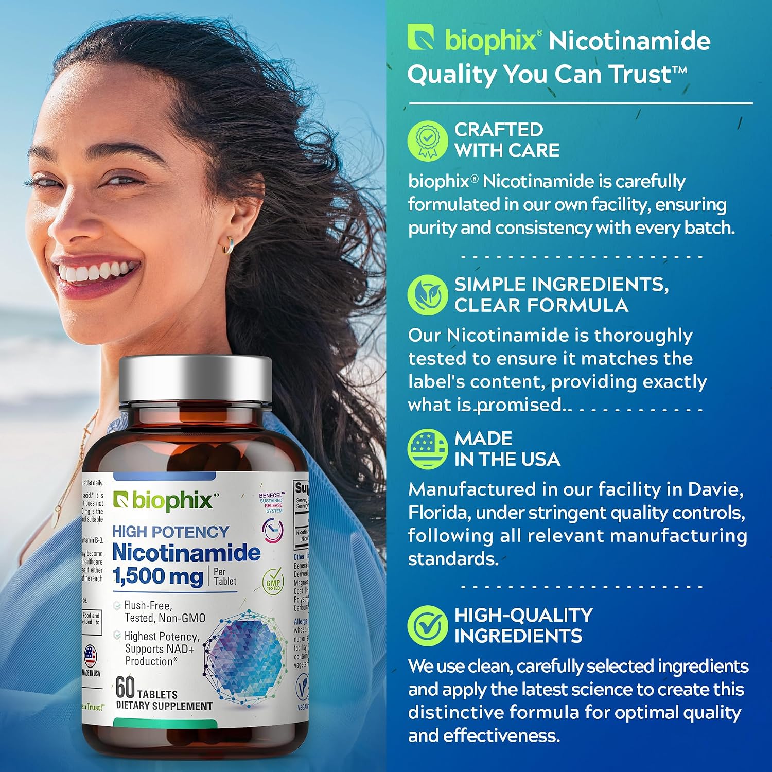 biophix B-3 Nicotinamide 1500 mg 60 Tablets Maximum Strength - Nicotinic Amide Niacin Natural Flush-Free Vitamin Formula - Supports Skin Cell Health