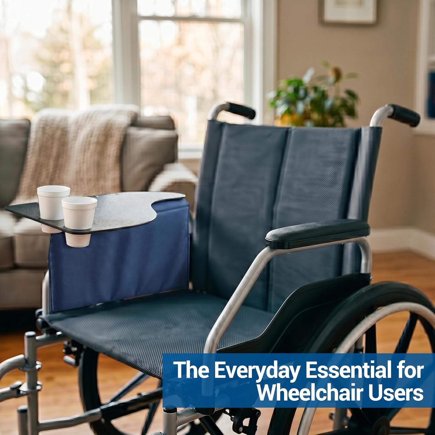 Skil-Care Left Side Wheelchair Flip Tray, 23"W x 19.5"D, Scratch-Resistant | 705032, Scratch-Resistant Surface, Two Cup Holders, Convenient Flip-Away Design, Fits All Standard Wheelchair Armrests, Left