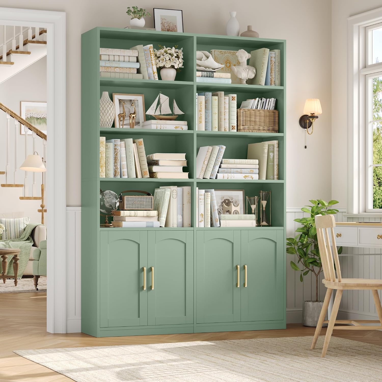 Bookshelf and Bookcase with Doors, Double Wide Large Bookshelves | Industrial Open Display Shelves 6 Tier, 73'' Tall Bookshelf with Storage Cabinets for Office,Home, Living Room, Library,White