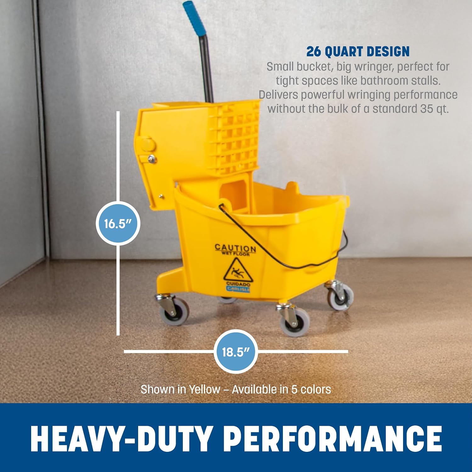 Carlisle FoodService Products 26 Qt Mop Bucket with Side Wringer, Yellow | 18.5 x 16.5 x 16.5 Inches, 34.25-Inch Handle Height, 50,000-Cycle Wringer, Non-Marking Casters, Assembly Required