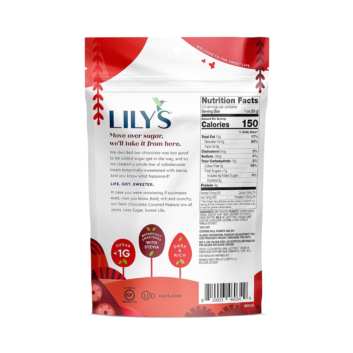 LILY'S Dark Chocolate Style No Sugar Added Covered Almonds Bag, 3.5 oz