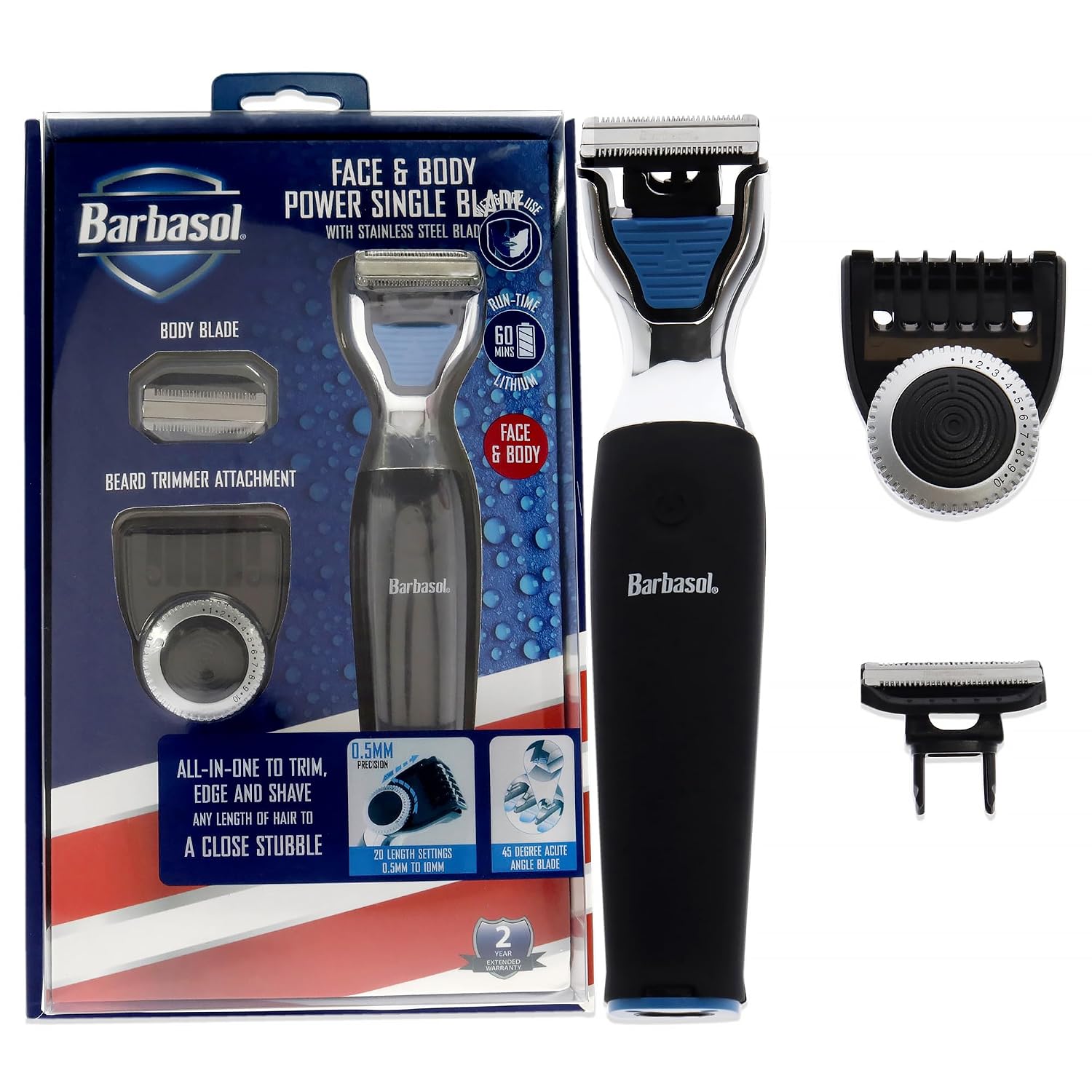 Barbasol Rechargeable Electric Wet and Dry Single Blade Shaver with Stainless Steel Blades and Adjustable Beard Trimmer Attachment
