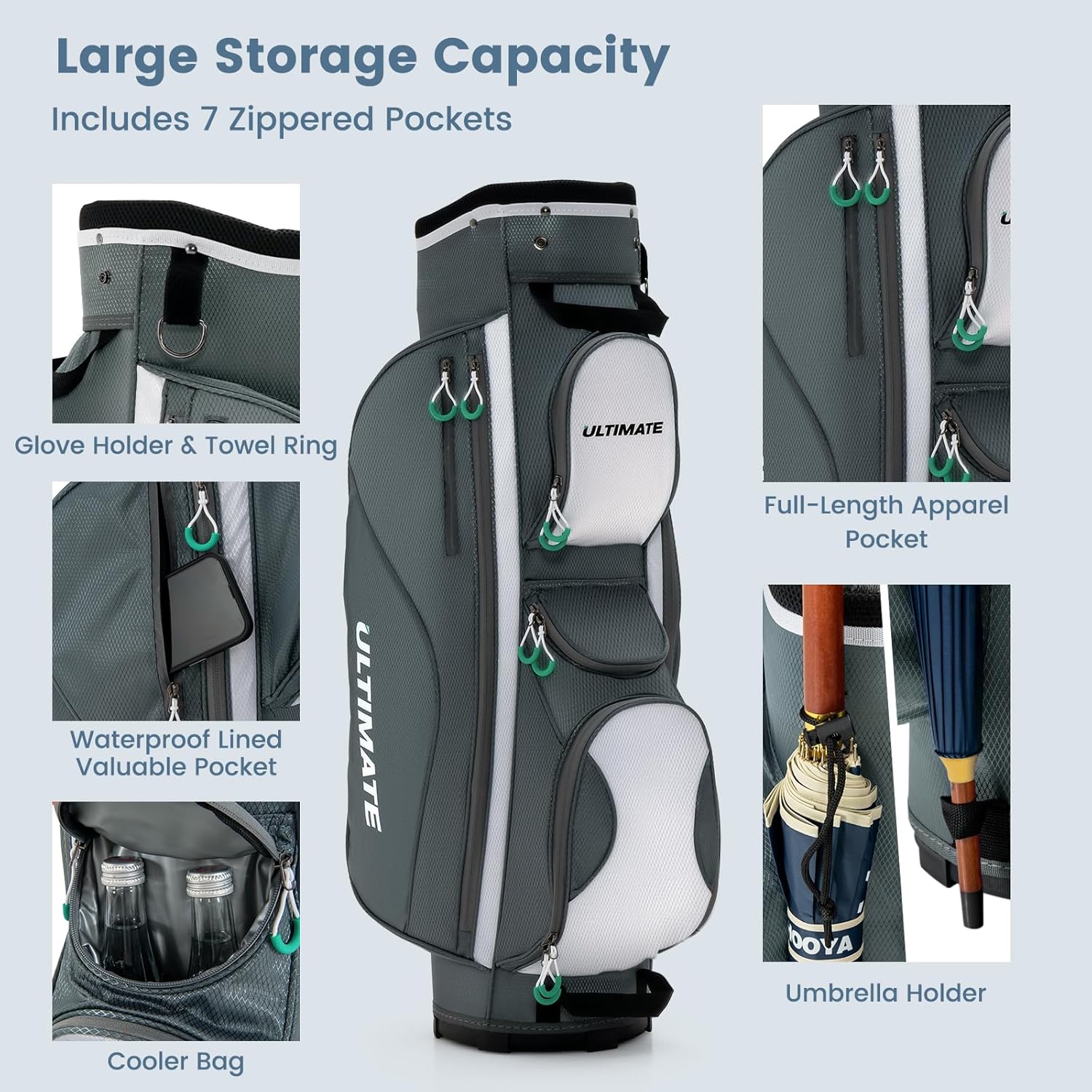 ULTIMATE 14-Way Golf Cart Bag, 3.7 LBS Lightweight Portable Golf Bag with Top Dividers, 7 Zipped Pockets Including Cooler Bag, Rain Hood
