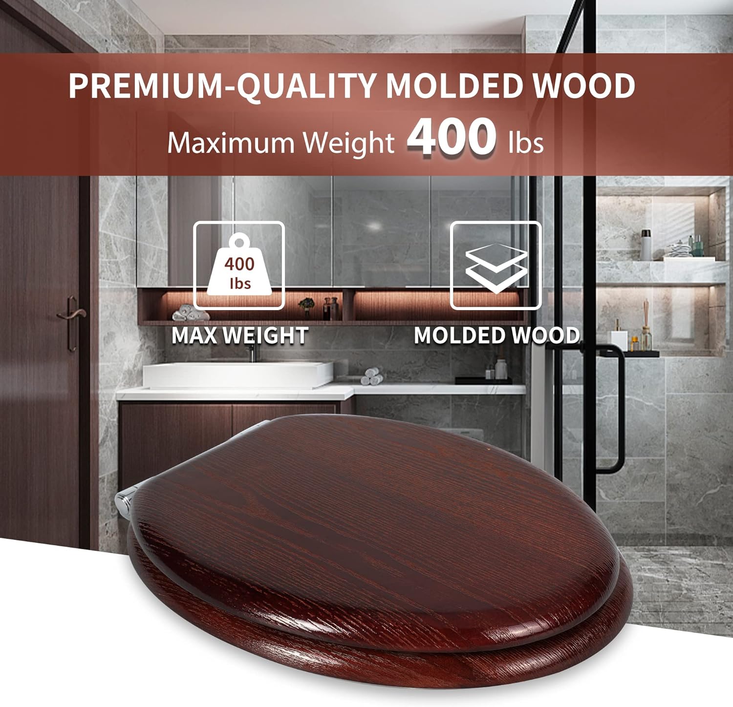 Angel Shield Toilet Seat with Zinc Alloy Hinges Quiet-Close Quick-Release Wood Molded UV Lid Easy Clean(Elongated,Black)