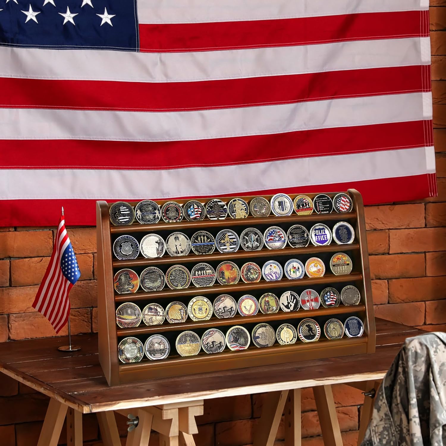 ASmileIndeep 3 Rows Wooden Challenge Coin Wall Display Stand - Military Coin Holder Army Coins Rack, Holds 21-24 Coins, Mahogany