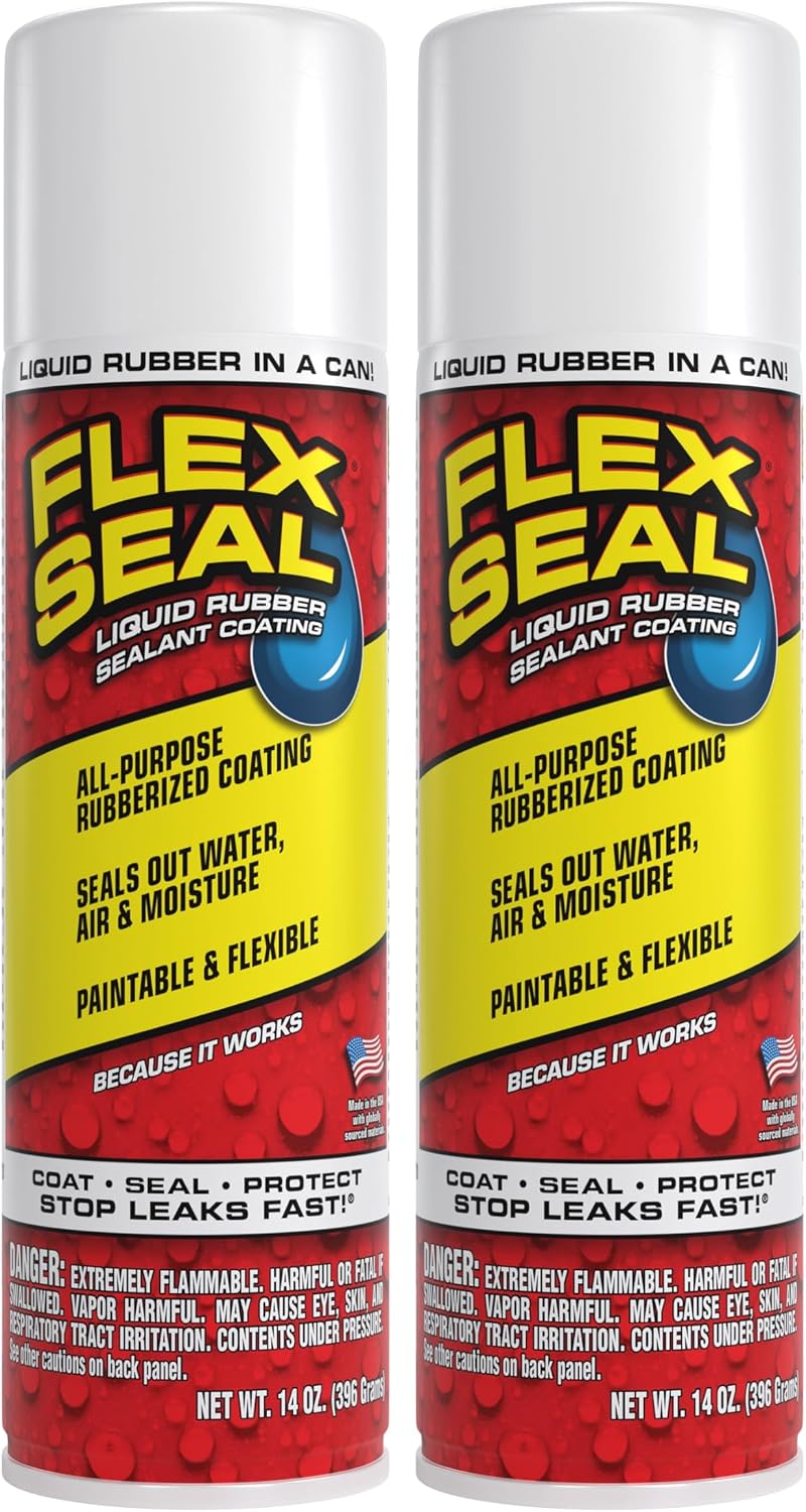 Flex Seal, 14 oz, 2-Pack, White, Stop Leaks Instantly, Waterproof Rubber Spray On Sealant Coating, Perfect for Gutters, Wood, RV, Campers, Roof Repair, Skylights, Windows, and More