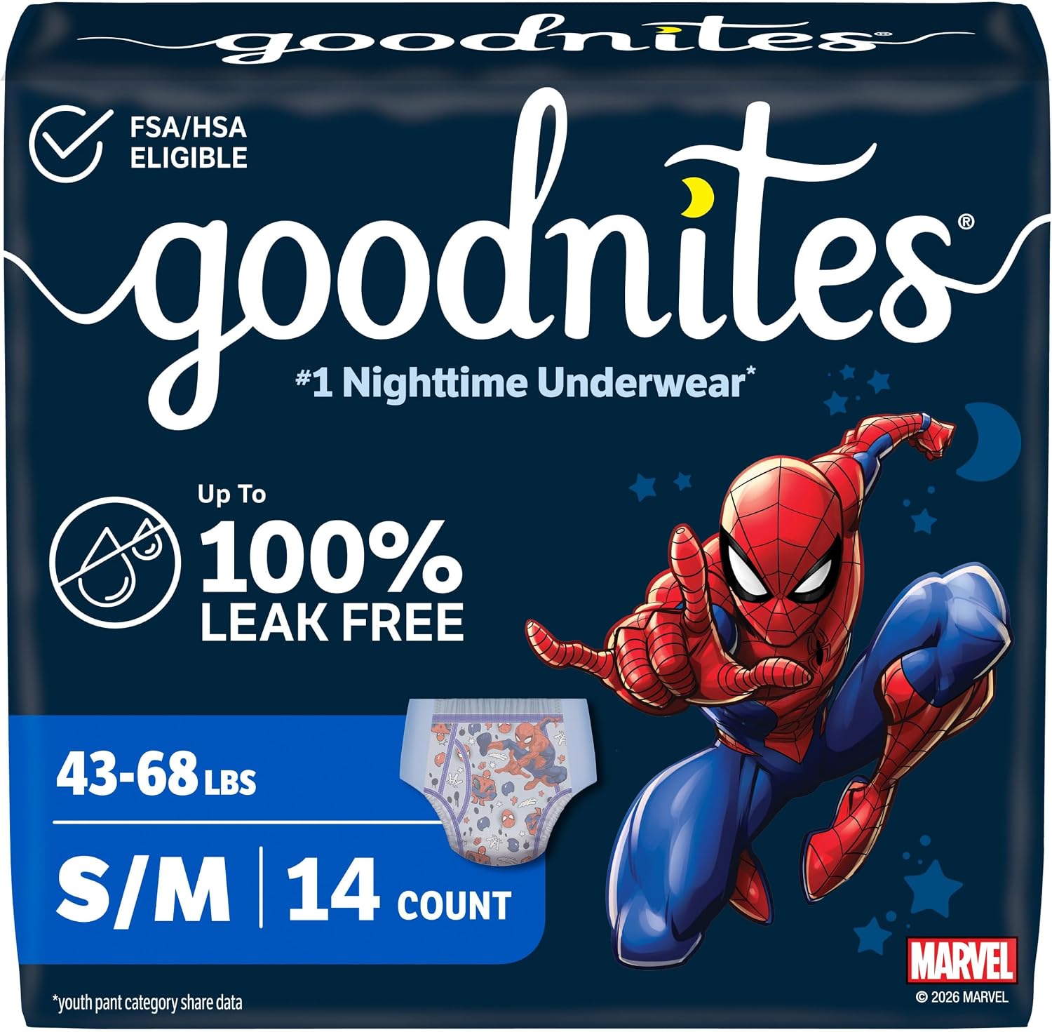 Goodnites Boys' Nighttime Bedwetting Underwear, Size S/M (43-68 lbs), 44 Ct (2 Packs of 22), Packaging May Vary