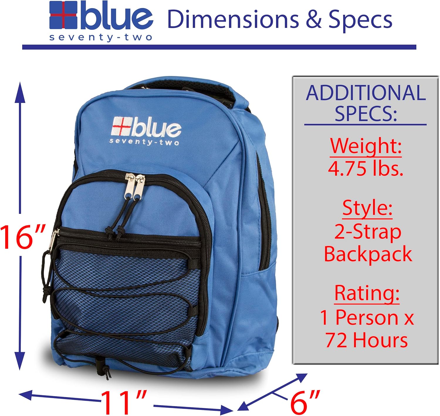 Family 4 Pack - Blue Seventy-Two Standard 72 Hour Emergency Backpack Survival Kit for 1 Person | Survival Kit for Wildfires, Earthquake, Tornado