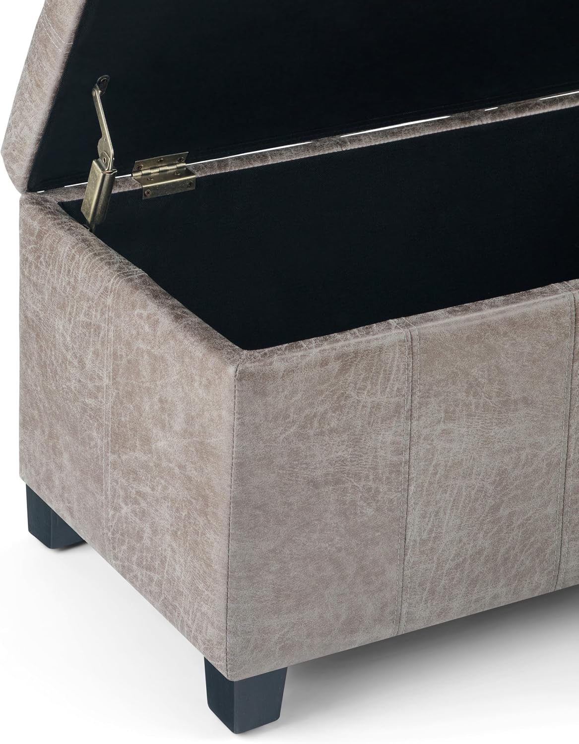 SIMPLIHOME Dover 36" Wide Vegan Leather Storage Ottoman in Midnight Black | Distressed umber brown, contemporary ottoman with lift-top and safety hinges; rectangle storage bench for living room.