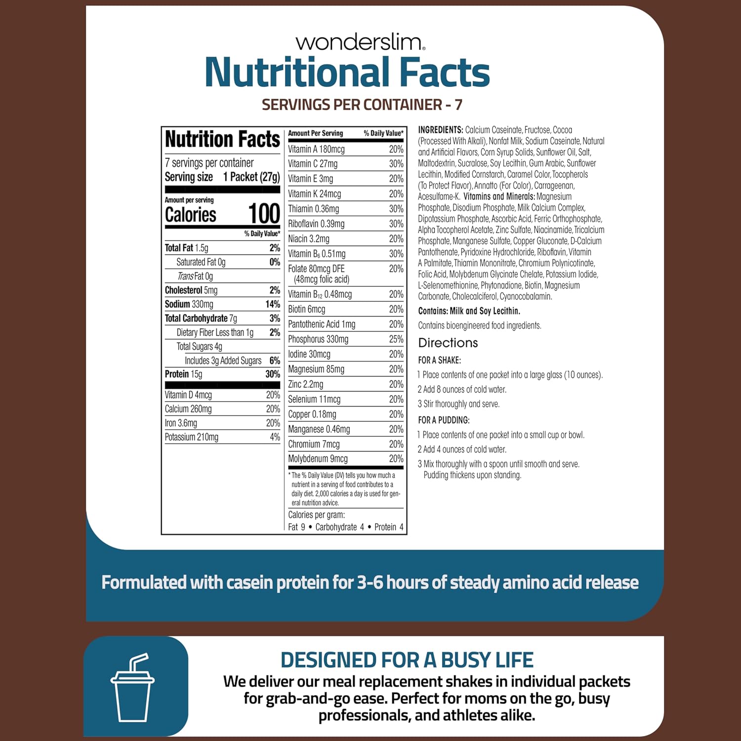 WonderSlim Protein Meal Replacement Shake – 15g Protein, 24 Vitamins & Minerals, Low Carb, Low Calorie, Gluten Free – Meal Replacement Drink for Weight Management, 7 Count Packets (Dark Cocoa Cream)