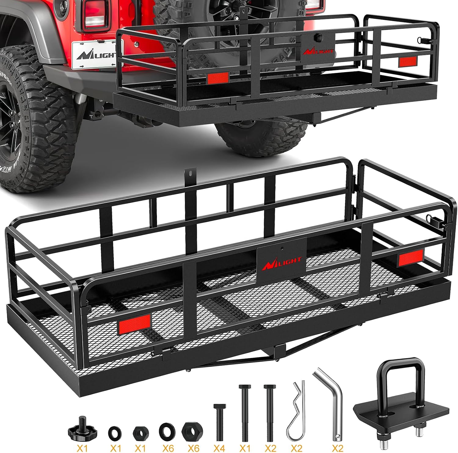 Nilight 32”×26”×4” RV Bumper Mounted Cargo Rack Carrier with Net Fits 4-inch or 4-1/2-inch Bumpers Heavy Duty Luggage Holder Basket for RV Camping Traveling Capacity 350LBS