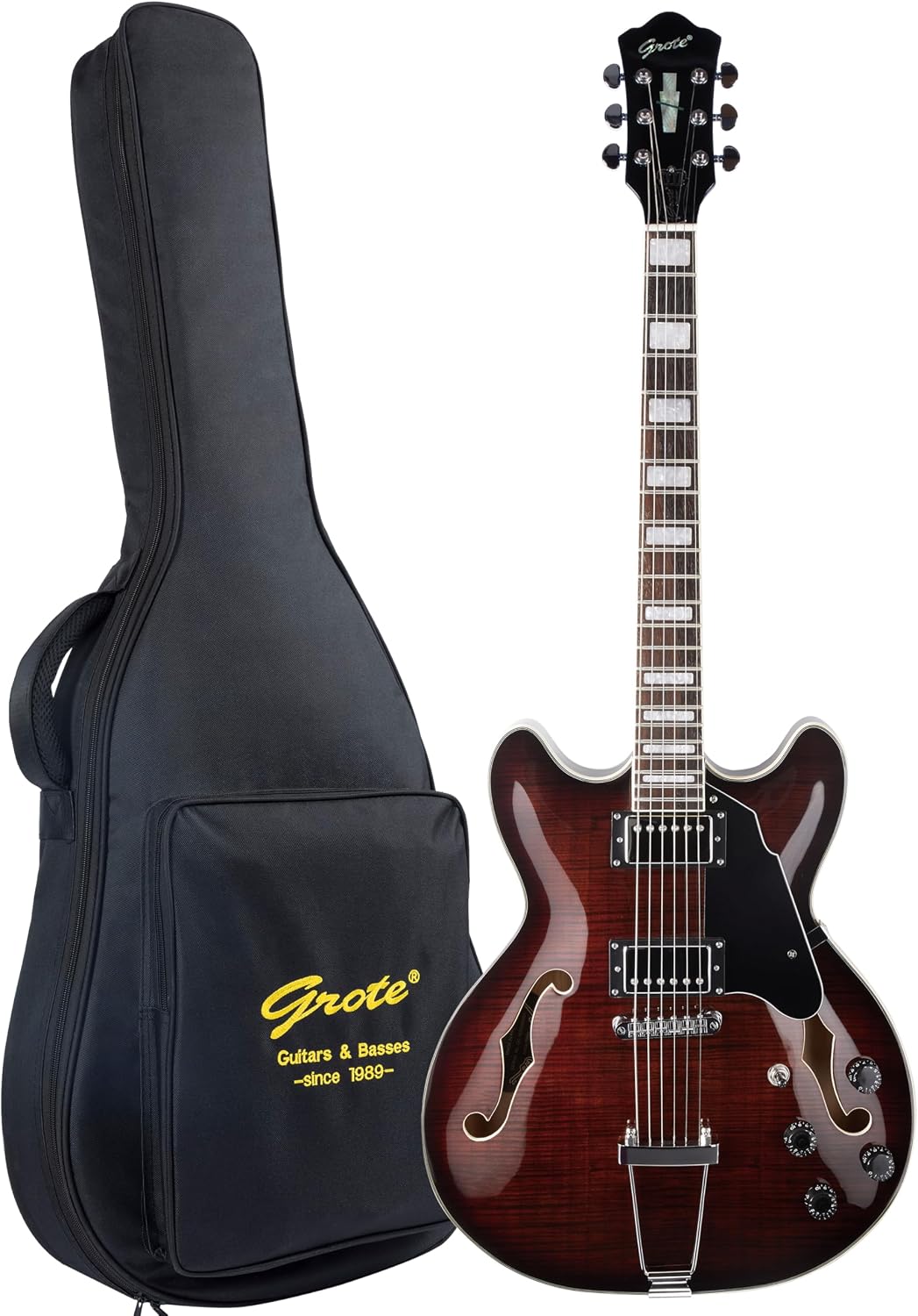 GROTE Jazz Electric Guitar Semi-Hollow Body Trapeze Tailpiece Bridge Guitar Gig Bag (RED)