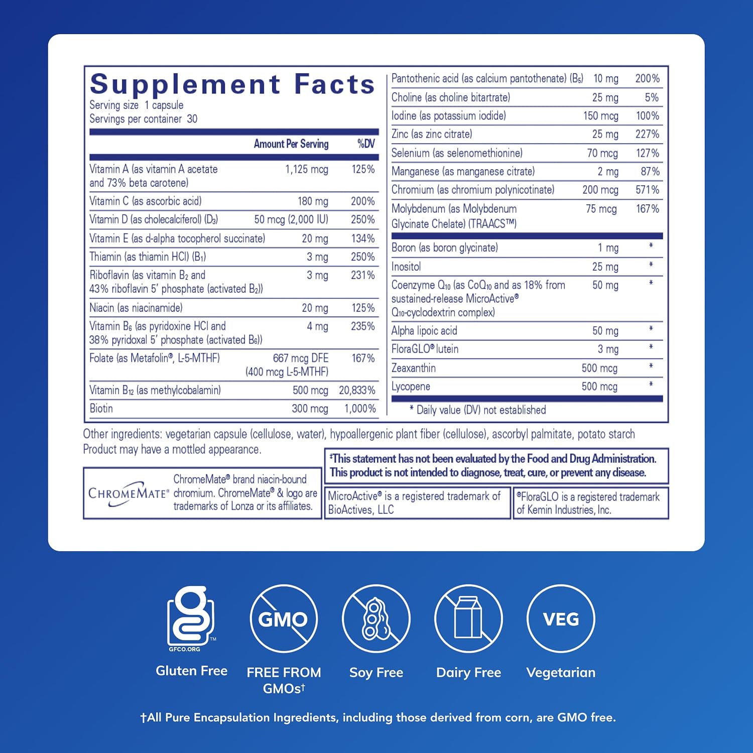 Pure Encapsulations O.N.E. Multivitamin, 60 Capsules | Once Daily Multivitamin with Antioxidant Complex Metafolin, CoQ10, and Lutein to Support Vision, Cognitive Function*