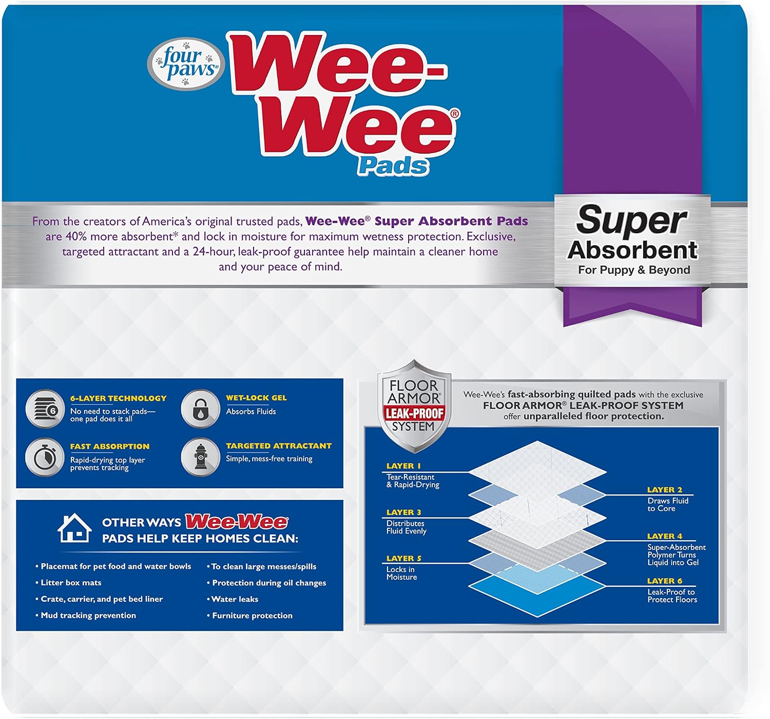 Four Paws Wee-Wee Super Absorbent Pads for Dogs, 22 Count | Leak-proof puppy pads, locks in wetness, dog housebreaking & potty training, all day floor protection, 24" x 24"