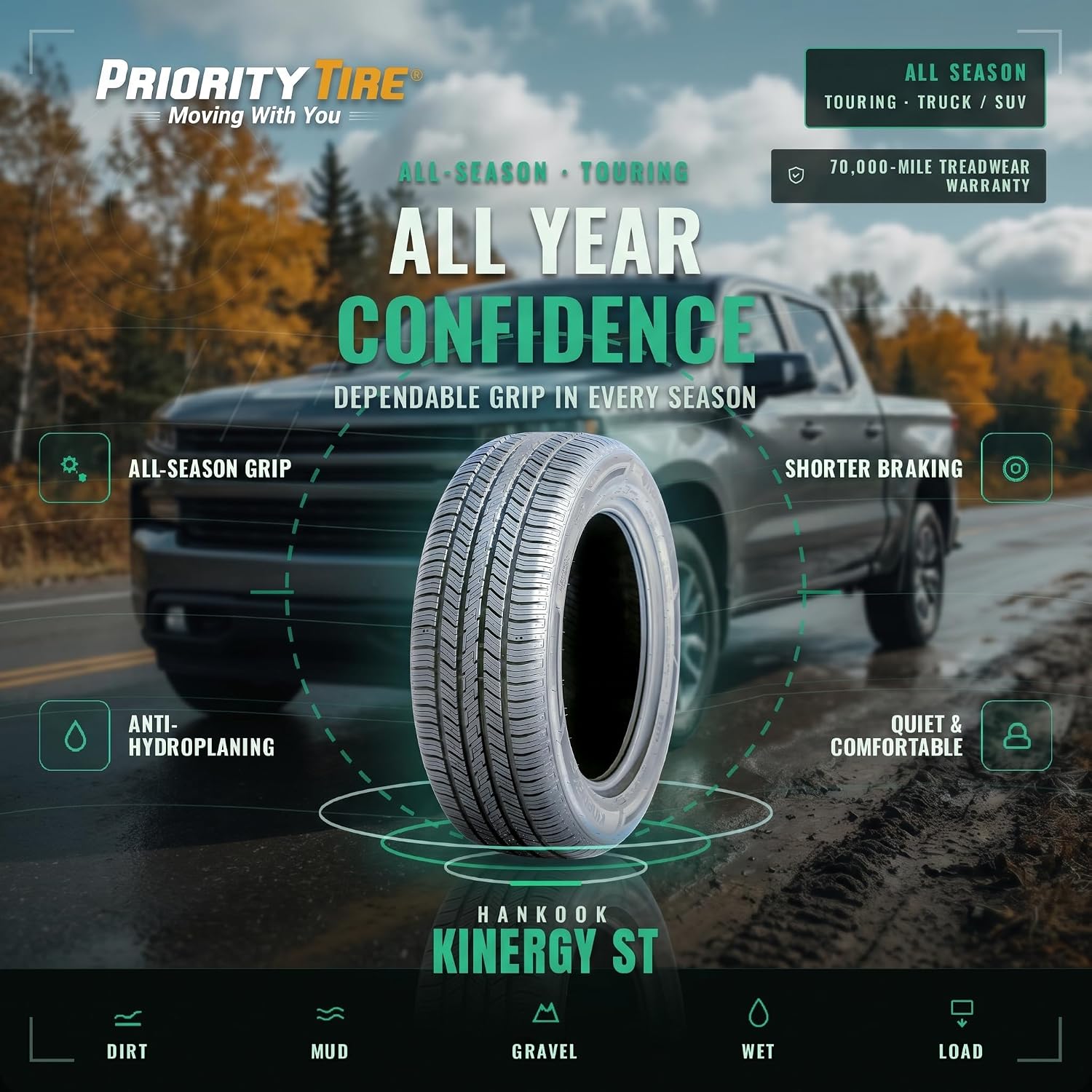Hankook Kinergy ST (H735) 215/70R15 98T | Passenger Touring All Season Traction 98T Rated Standard Load Radial Construction Black Sidewall Tire