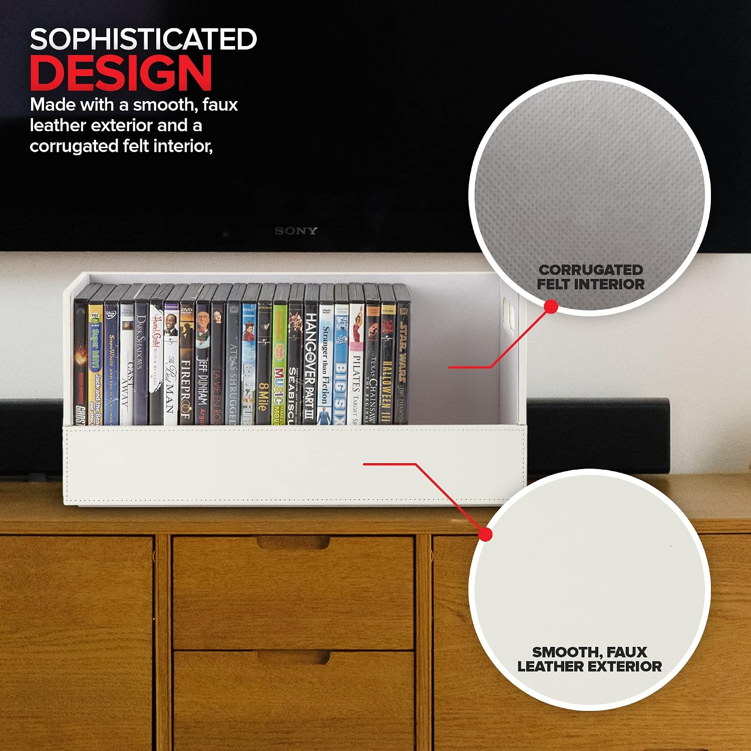 Stock Your Home DVD Storage Box, Movie Shelf Organizer for Blu-Ray, Video Game Cases, CDs, VHS Tape Display Stand, Disc Holder Can Store Up to 28 DVDs, Faux Leather (Espresso)