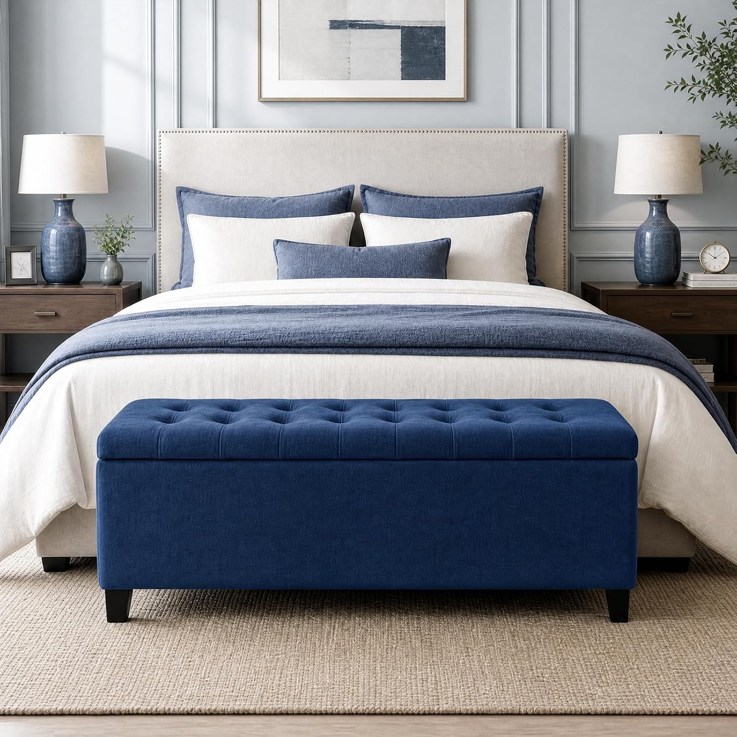 Madison Park 49" Upholstered Storage Bench, Button Tufted End of Bed Bench with Storage, Dual Spring Soft-Close Lid, Bedroom Bench for Queen King Bed, Entryway Living Room, Grey