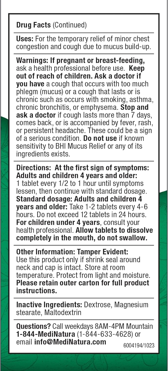 MediNatura BHI Mucus Relief - Natural Mucus-Relief Tablets to Relieve Coughing & Nasal Congestion - Fast-Acting & Chewable - Plant-Based