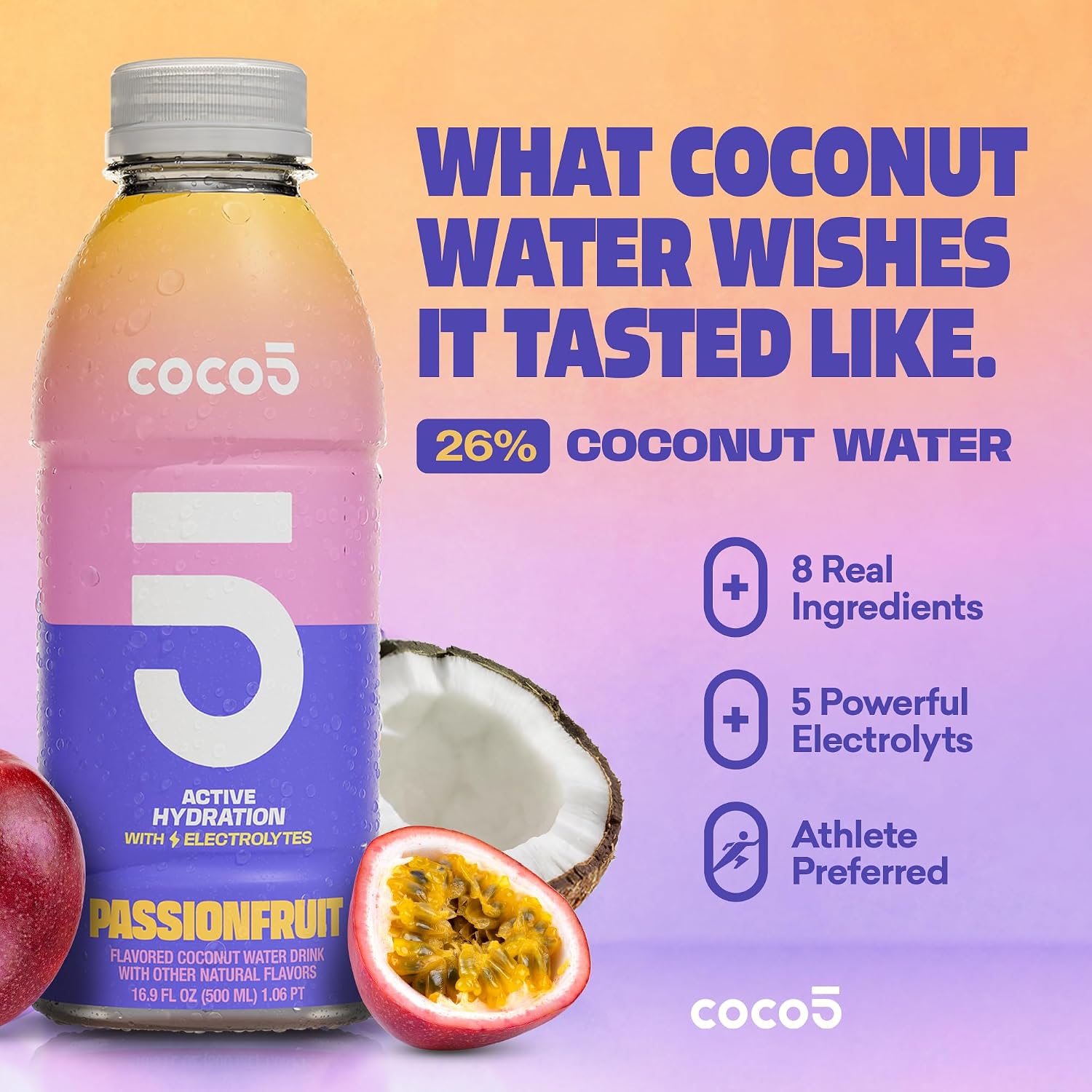 Coco5 Original Coconut Water Natural Electrolyte Sports Drink, 12 Pack | Active hydration. Low sugar, nothing artificial. Potassium, sodium, magnesium, calcium, chloride. 8 real ingredients.
