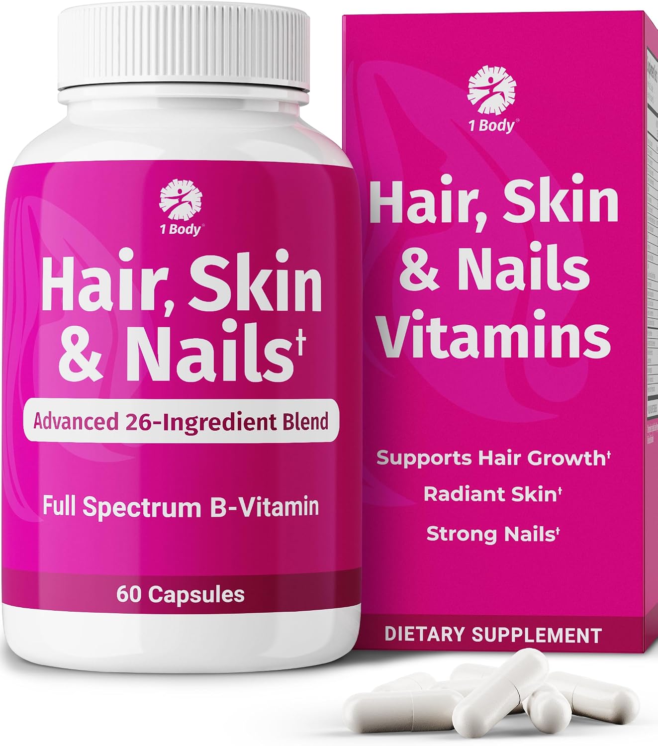 1 Body Hair Skin & Nails with Biotin, Vegan Vitamins, 60 Capsules | Look Good, Feel Confident. Supports healthy hair, skin, and nails as part of your daily beauty routine.*
