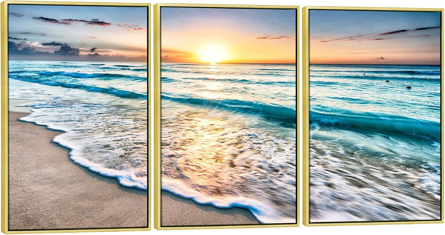 Wieco Art 3 Panel Blue Beach Canvas Wall Art for Home Decor Sunset White Wave Beach Pictures on Canvas Sea View Canvas Prints Artwork for Wall Decor
