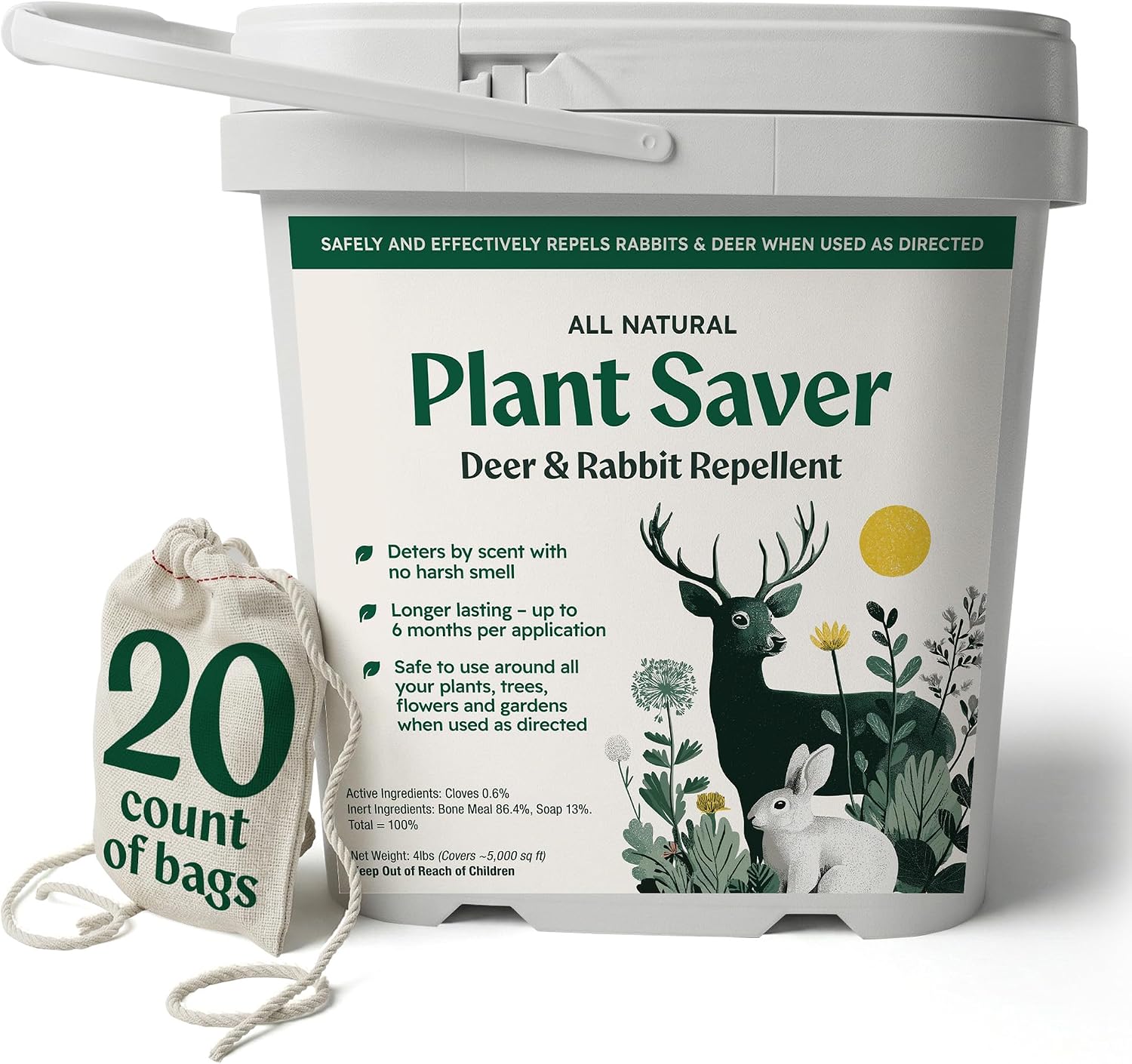 Deer & Rabbit Repellent – All Natural Scent-Based Animal Protection – Safe for Pets & Plants – Long-Lasting Up to 6 Months – Repels Elk, Moose & Rodents – 2 lbs with 10 Refillable Bags