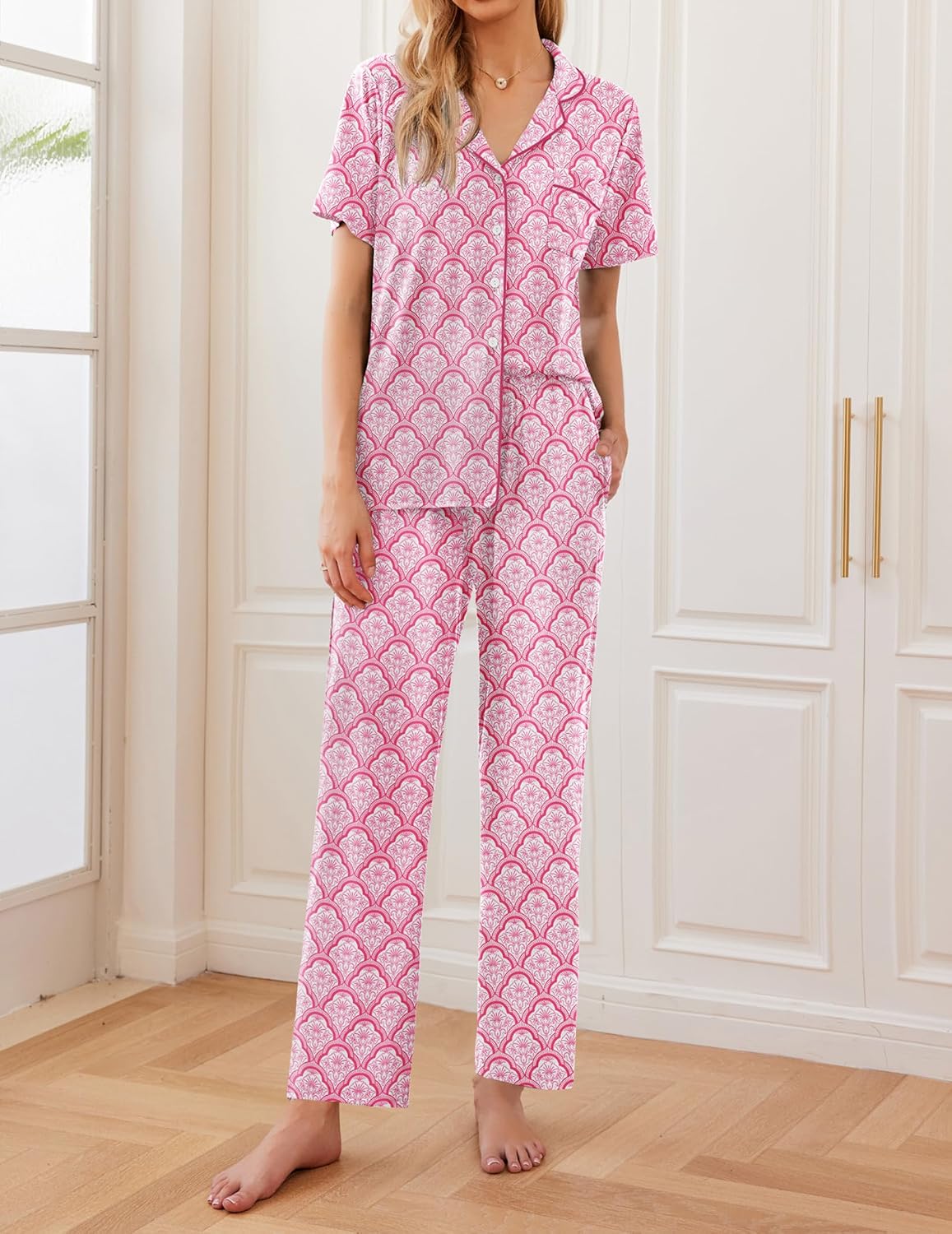 Ekouaer Womens Pajamas Set Short Sleeve Button Down Top & Pants Lounge Pjs