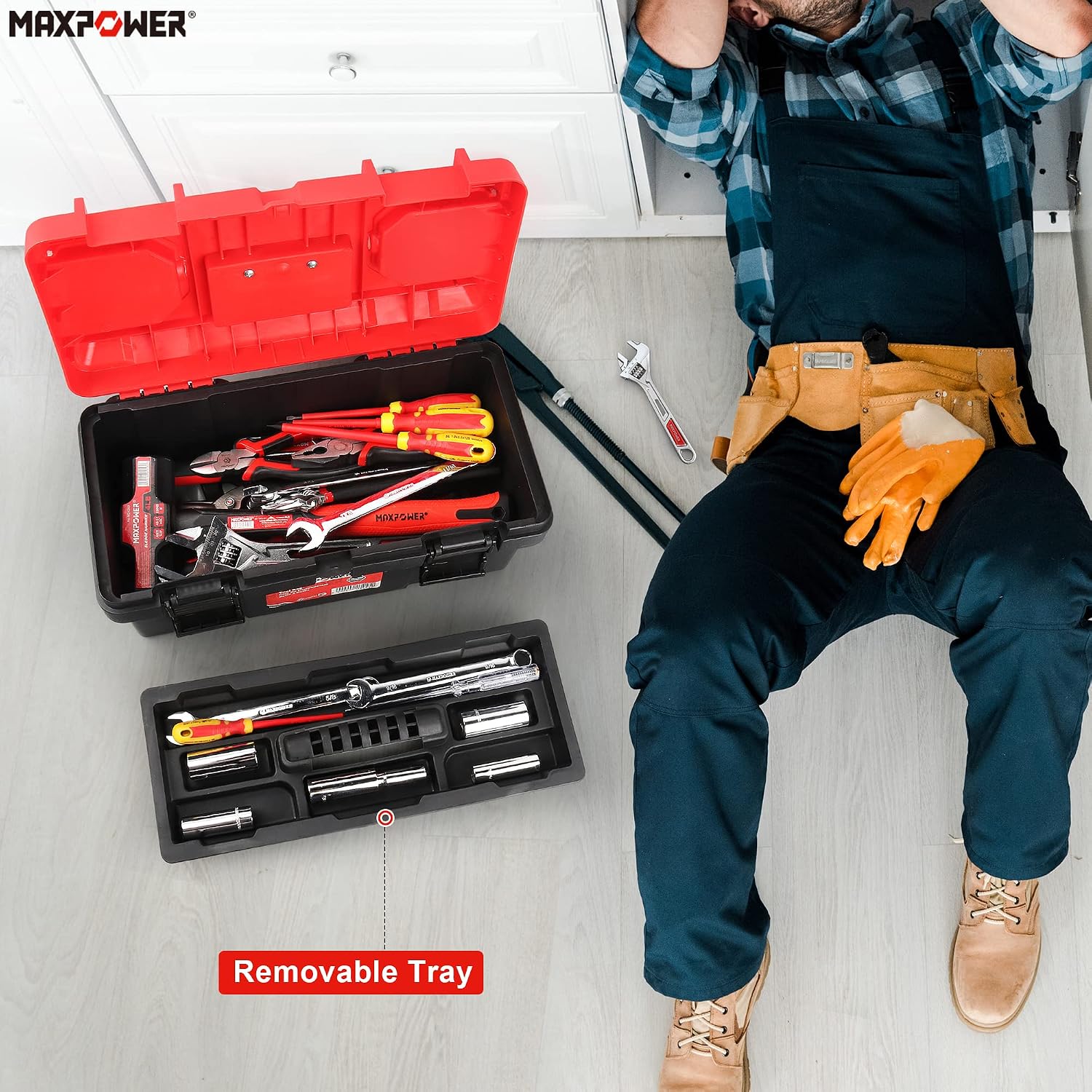 MAXPOWER Small Tool Box, 14-inch Plastic Tool Boxes with Handle | Removable Tray with Dual Lock Secured, Red Toolbox for Home