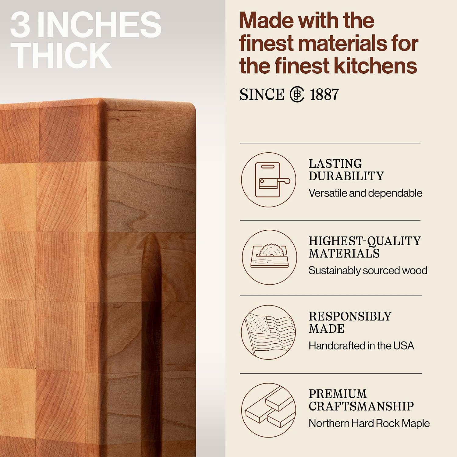John Boos CCB Series Square Wooden Maple Cutting Board 12”x12” – 3” Thick, 13-lb Reversible Butcher Block with End-Grain & Finger Grips – Made in the USA