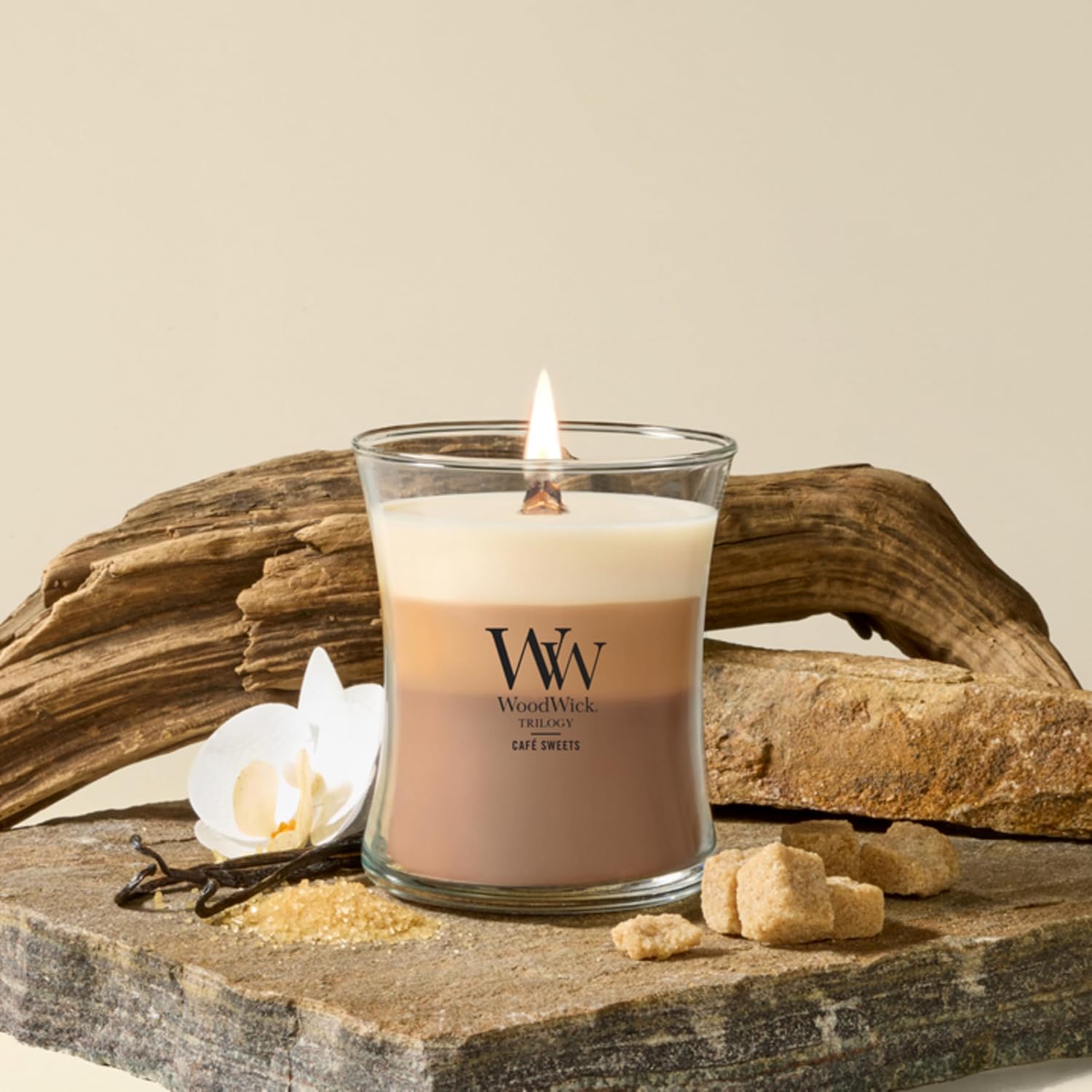 WoodWick Café Sweets Trilogy Holiday Candle Gifts for Women and Men, 9.7 oz Medium Hourglass Trilogy Candle with Crackling Wick