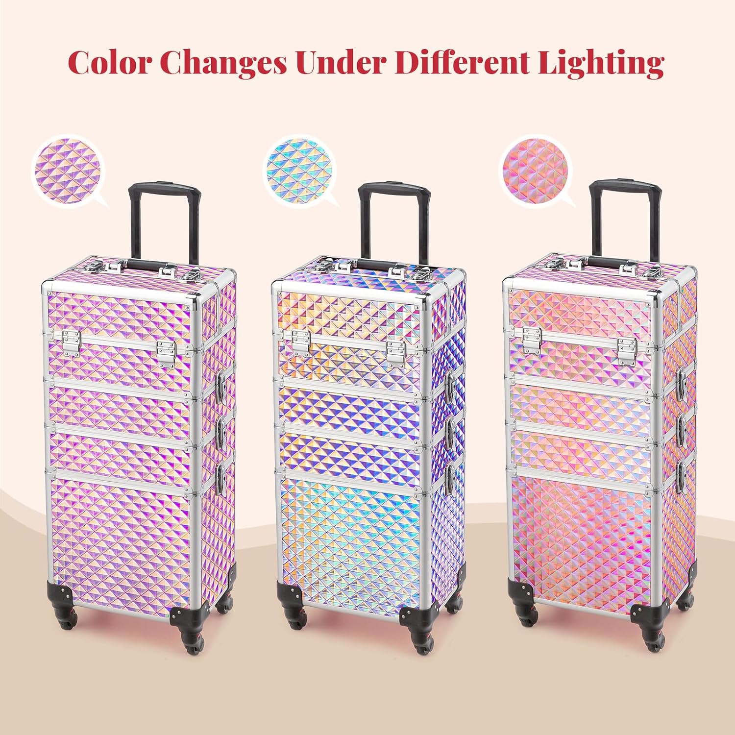 mefeir 4 in 1 Rolling Makeup Train Case, Aluminum Makeup Travel Organizer Cosmetic Case, Cosmetology Display Suitcase on Wheels, Beauty Storage Luggage Lockable w/4 Removable Wheels (Black)
