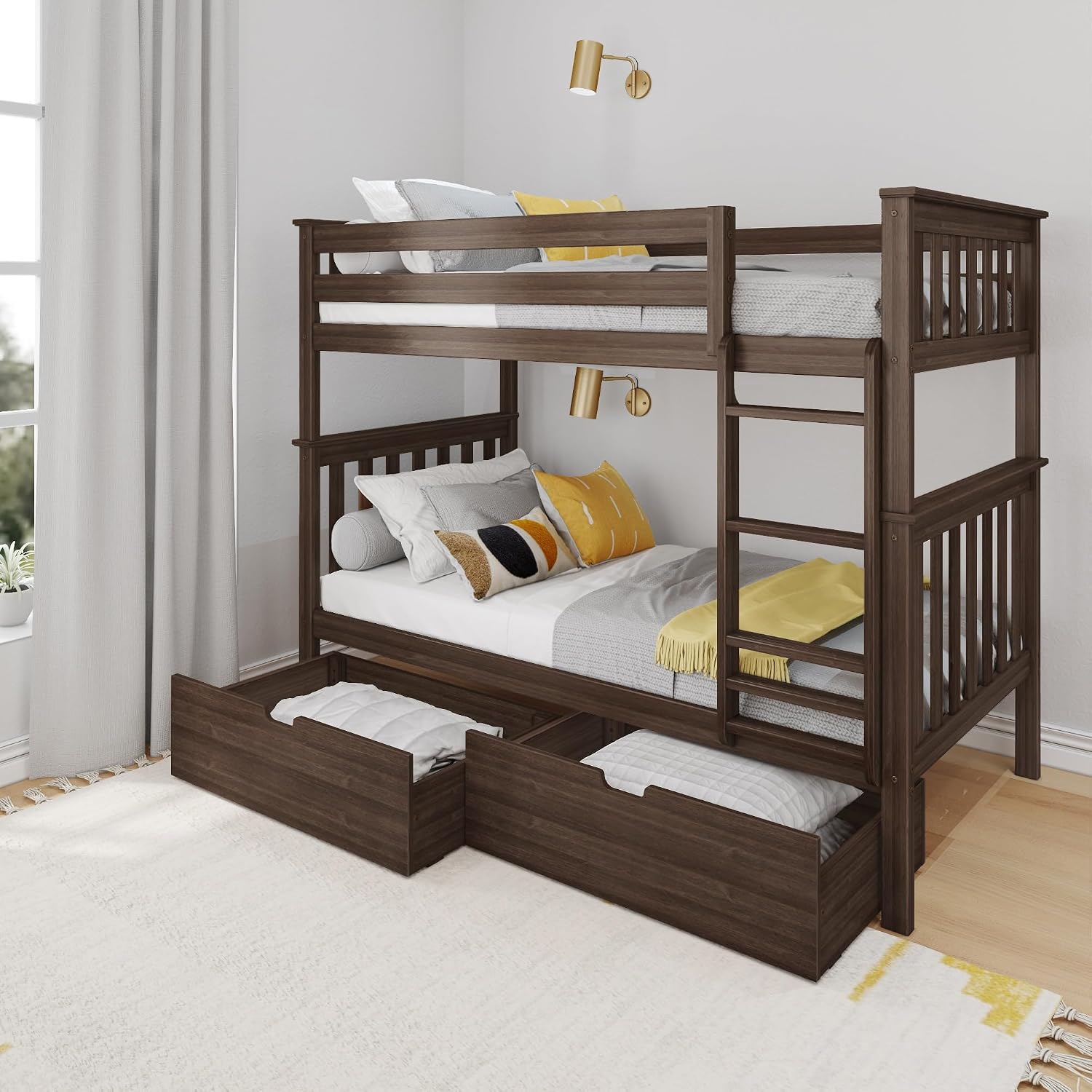 Max & Lily Bunk Bed Twin over Twin, Solid Wood Bunk Bed Frame with Ladder for Kids, 14" Safety Guardrails, Easy Assembly, No Box Spring Needed, White
