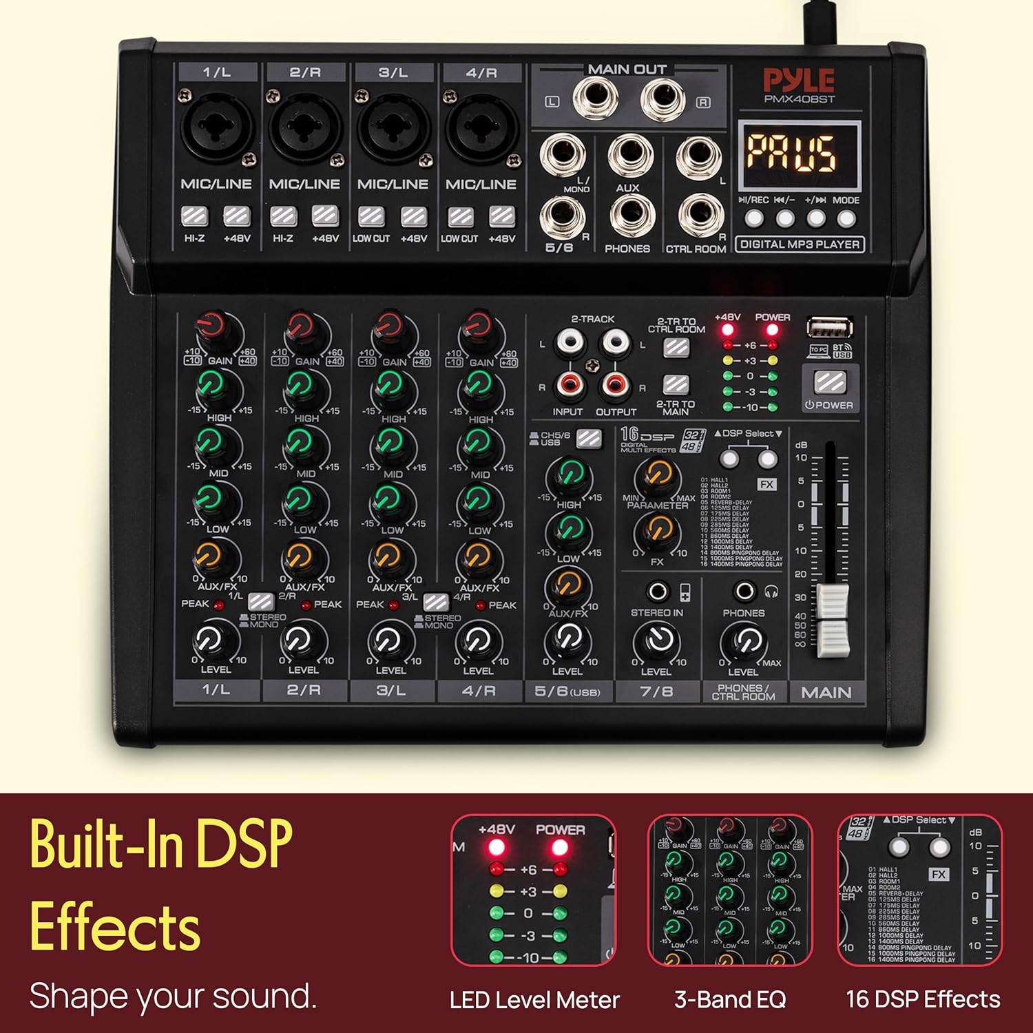 Pyle Professional Wireless DJ Audio Mixer - 4 Channel Bluetooth Controller Sound Mixer, USB Audio Interface