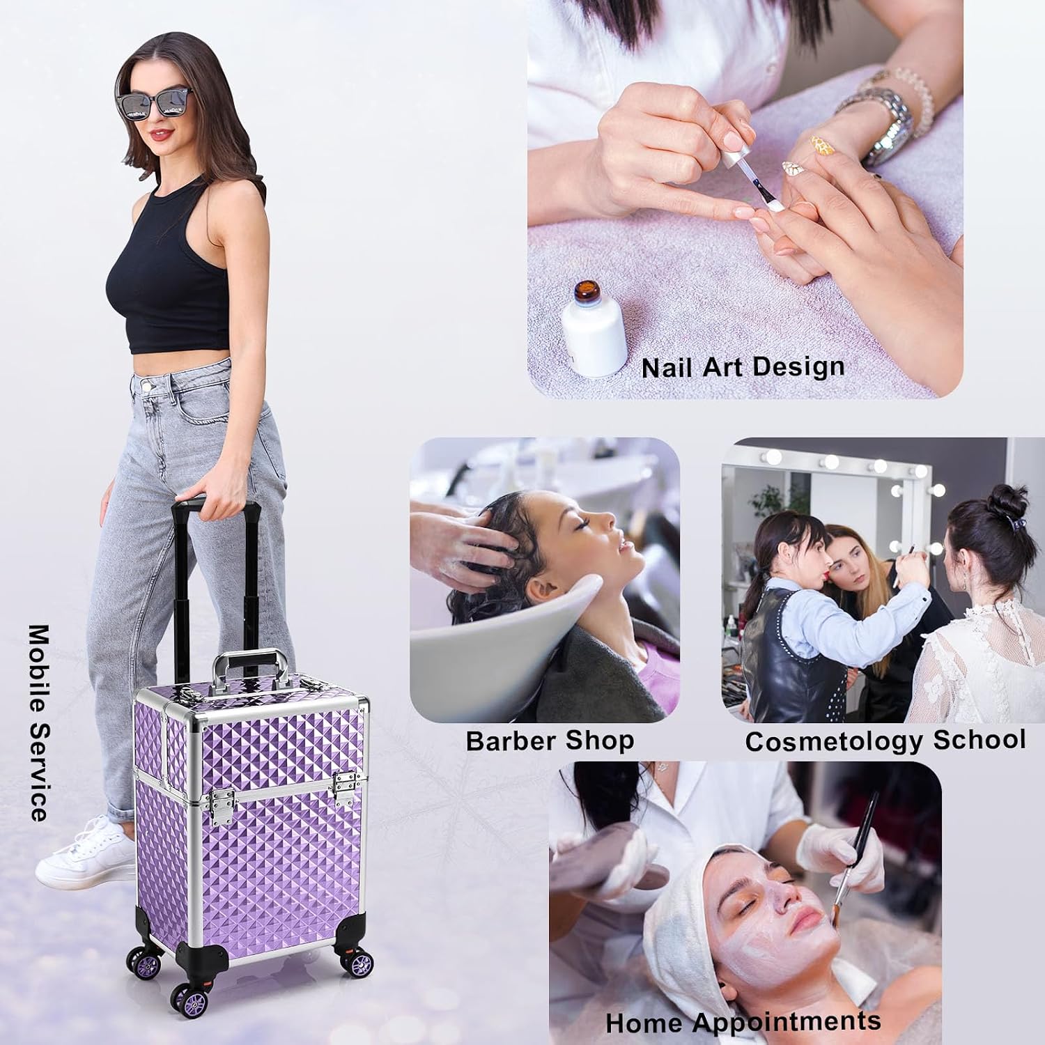 Stagiant Rolling Makeup Train Case Large Storage Cosmetic Trolley 4 Tray with Sliding Rail Removable Middle Layer with Key Swivel Wheels Salon