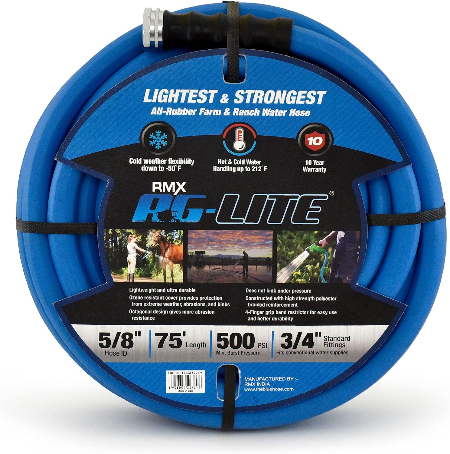 AG-LITE BSAL5825 5/8" x 25' Hot/Cold Water Rubber Garden Hose, 100% Rubber, Ultra-Light, Super Strong, 500 PSI, 50F to 190F Degrees, High Strength Polyester Braided