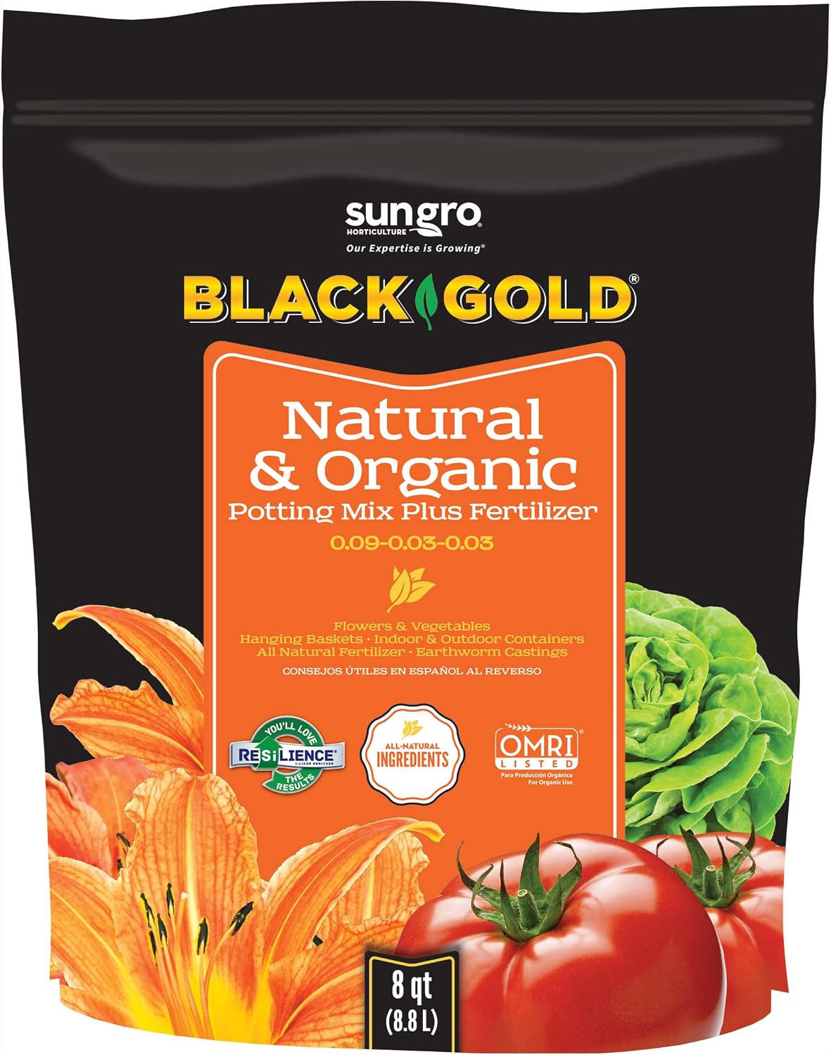 SunGro Horticulture Potting Mix - Natural & Organic, Black Gold - 8qt - Earthworm Castings, Perlite