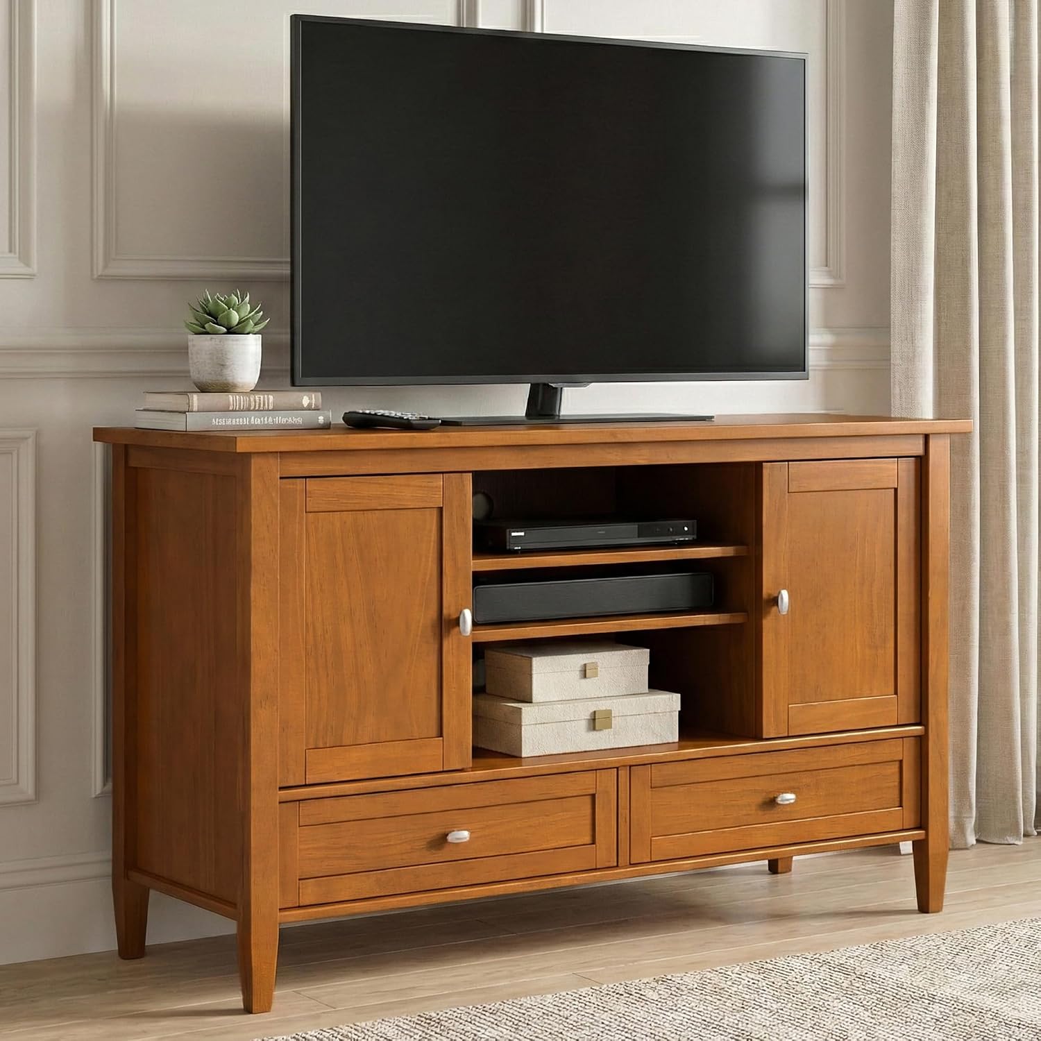 SIMPLIHOME Warm Shaker 47" Wide Solid Wood TV Stand in Light Golden Brown
