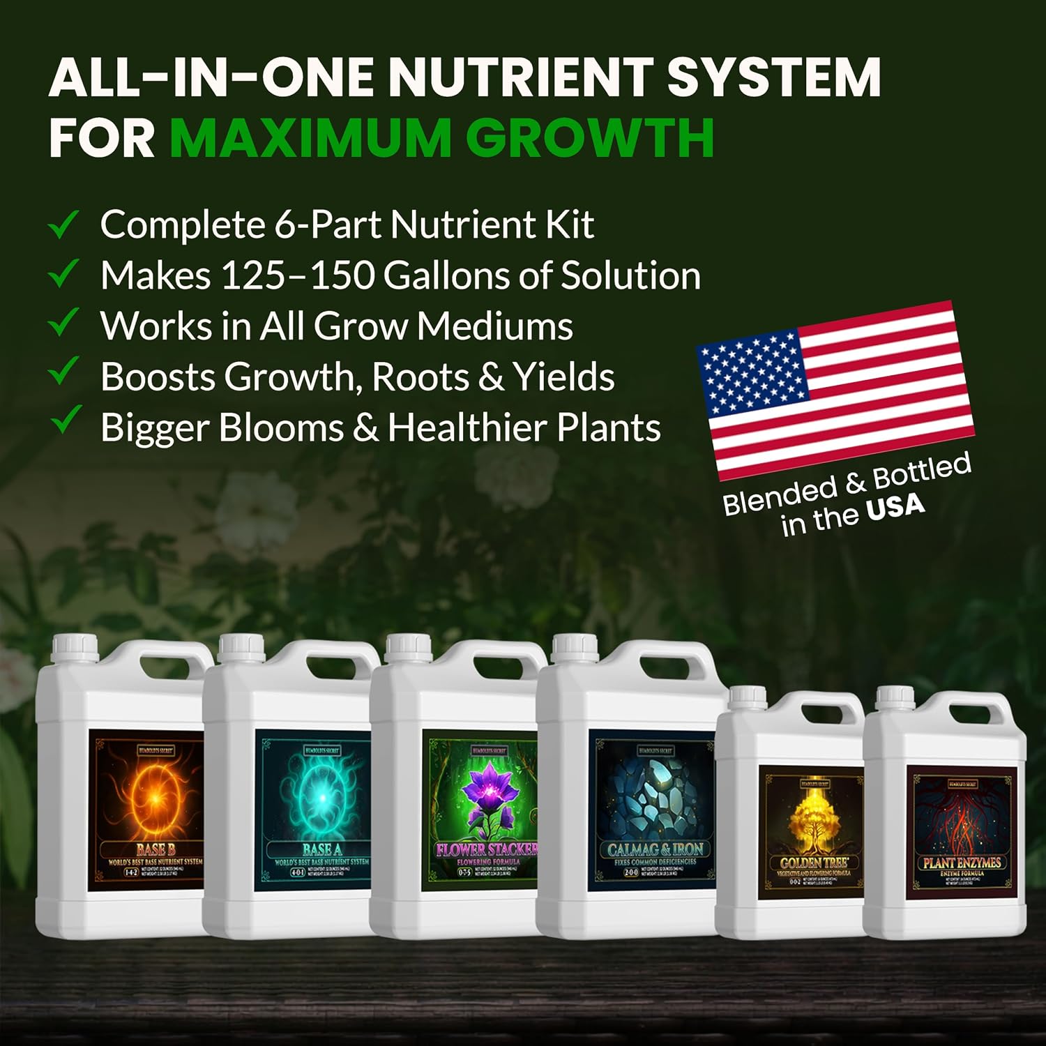 Humboldts Secret Starter Kit Pack | Indoor and Outdoor Plant Fertilizer and Hydroponic Nutrients | Base A & B, CalMag and Iron, Golden Tree, Flower Stacker, Plant Enzymes | Complete Garden System