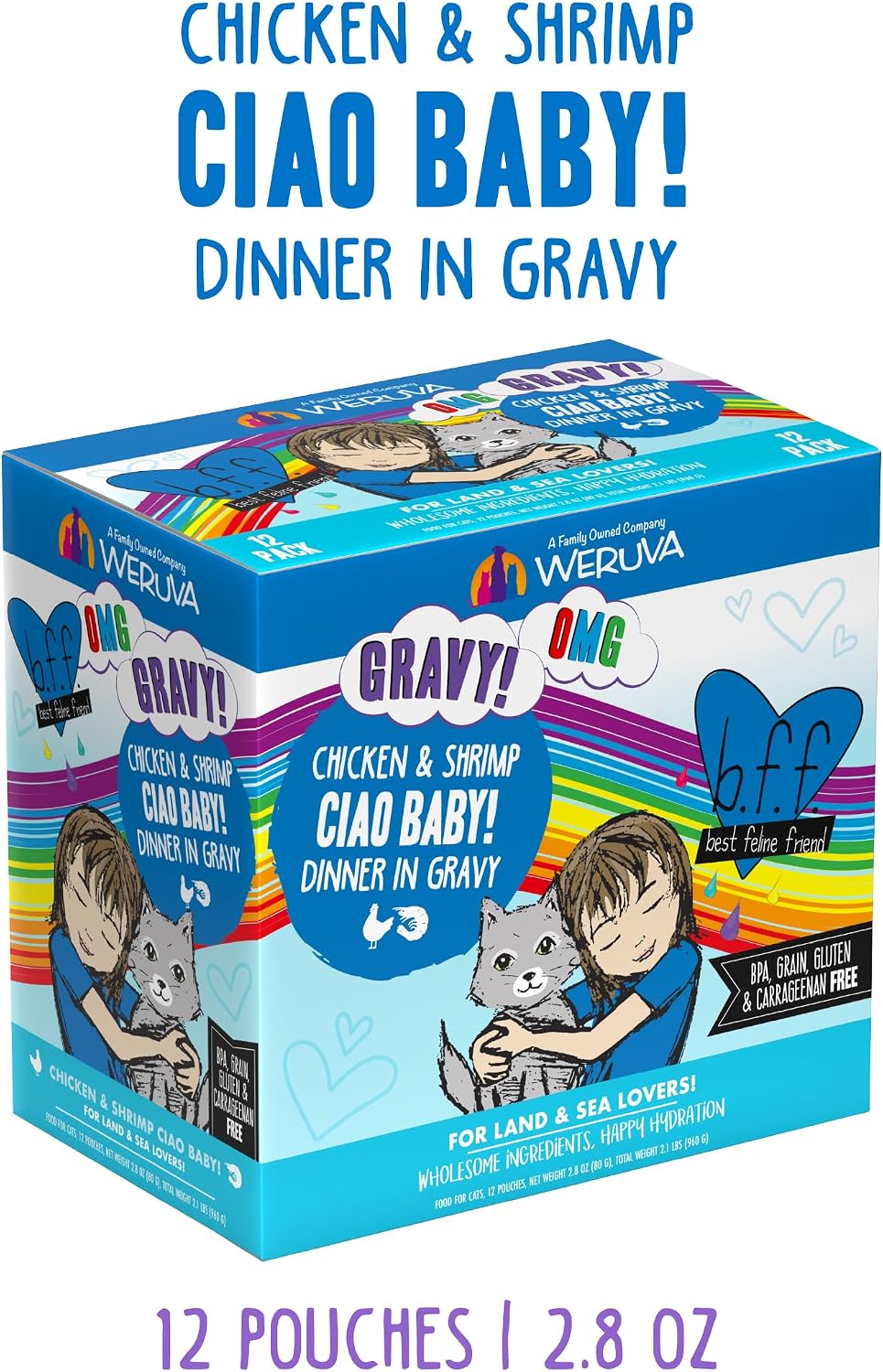 Weruva B.F.F. OMG - Best Feline Friend Oh My Gravy!, Tuna & Salmon Sweet Cheeks with Tuna & Salmon in Gravy Cat Food, 3oz Pouch (Pack of 12)