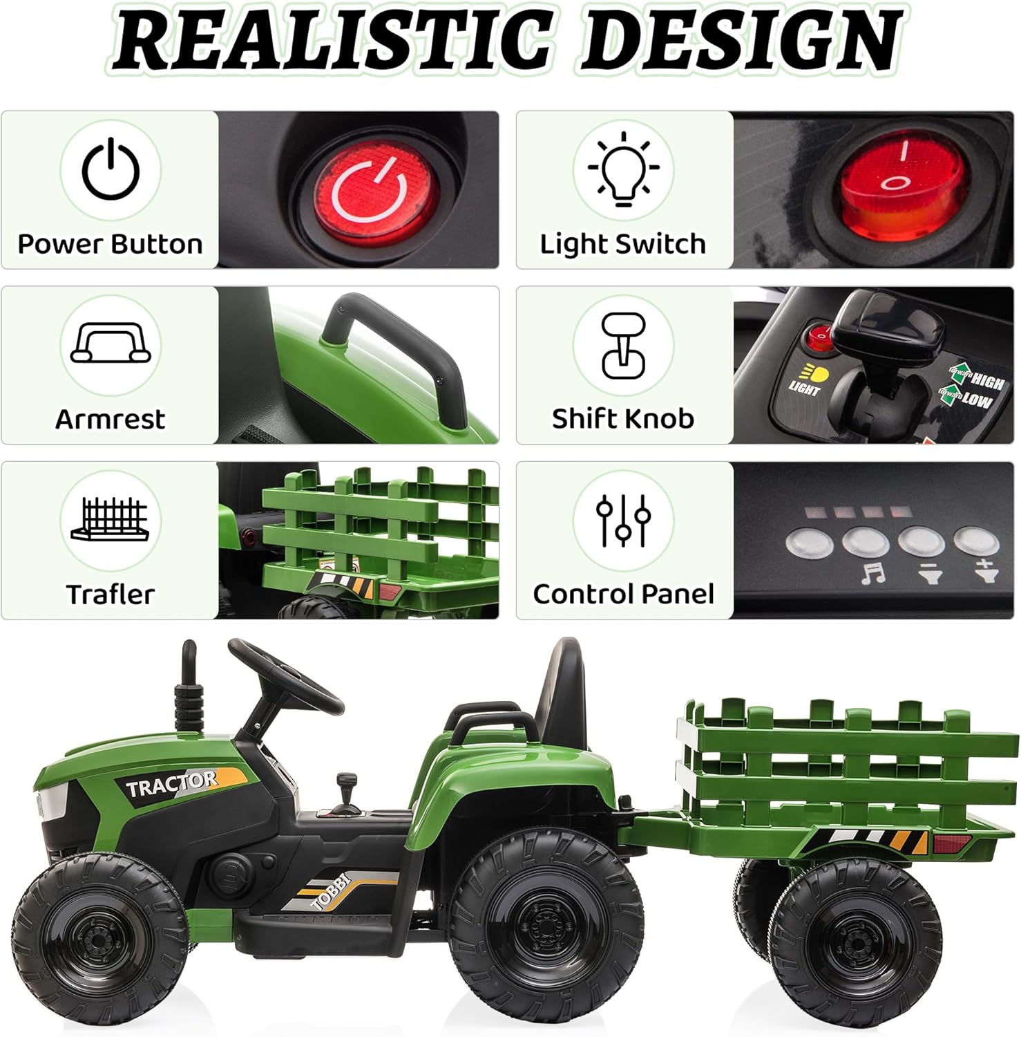 TOBBI Kids Electric Ride On Toy Tractor, Toddlers 12V Battery-Powered Car to Drive