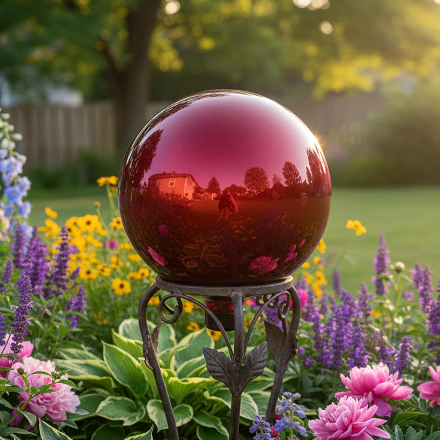Sunnydaze 10-Inch Handblown Mirrored Glass Gazing Ball, Red | Reflective Outdoor Garden Globe Sphere, for Yard, Patio, Flower Bed, Walkway, and Landscape Decor, Stainless Steel Finish
