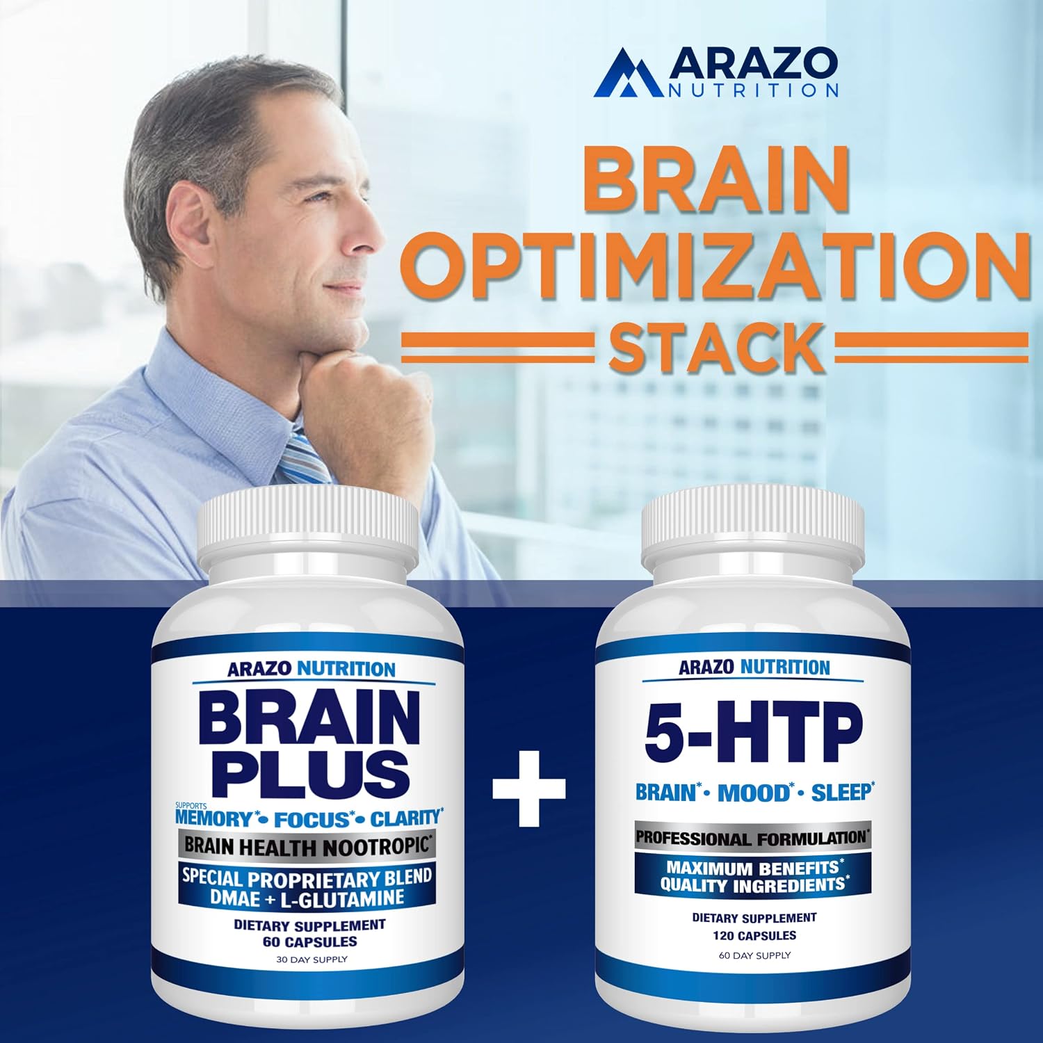 Arazo Nutrition Premium Brain Function Supplement – Memory, Focus, Clarity – Nootropic Booster with DMAE, Bacopa Monnieri, L-Glutamine